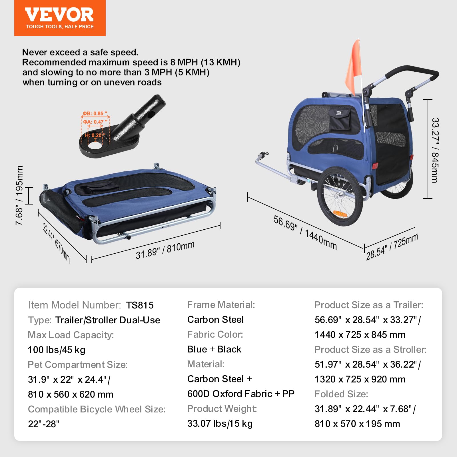 VEVOR 2-in-1 Dog Bike Trailer & Pet Stroller - Heavy Duty 100 lbs Capacity, Foldable Bicycle Carrier with Quick Release Wheels & Universal Coupler - Perfect for Cycling Adventures, Jogging & Outdoor Activities with Your Pet