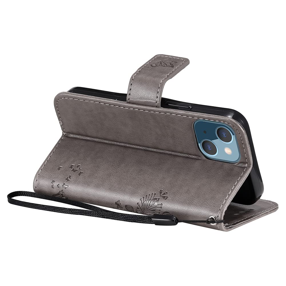 iPhone 13 Mini Wallet Case with Kickstand & Card Holder - Cute Butterfly Cat Embossed PU Leather Protective Cover for iPhone 13 Mini 5.4 Inch (Wish Tree Gray) | Perfect for Everyday Use, Travel & Hands-Free Viewing