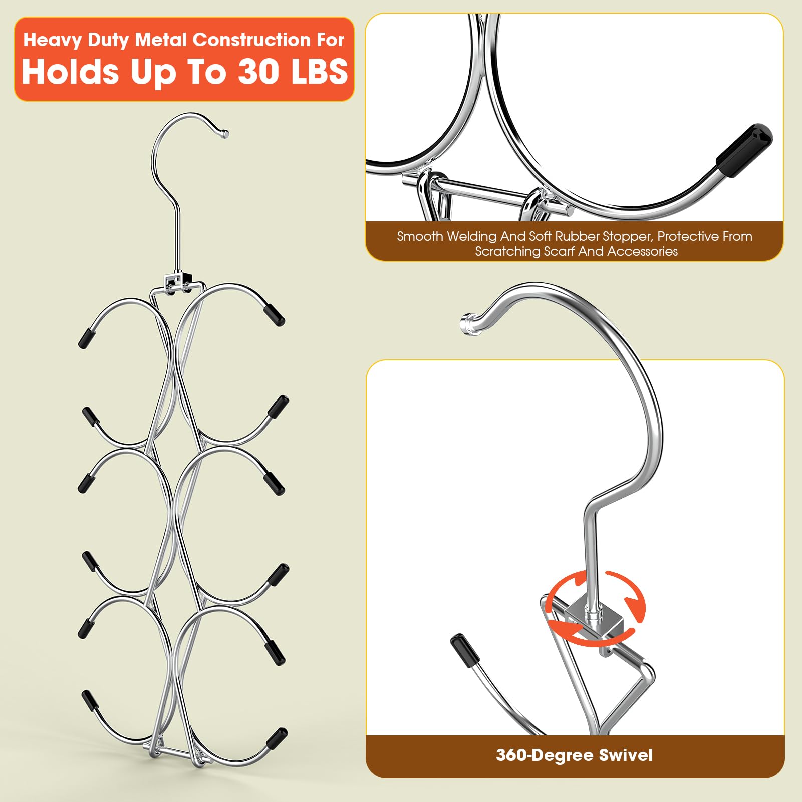 12-Slot Scarf Hanger with 360° Swivel Hook - Space Saving Closet Organizer for Scarves, Shawls, Belts, Purses & Baseball Caps - Perfect for Bedroom, Walk-in Closet and Dorm Organization