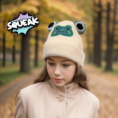 Francesca Frog Kids Beanie Hat for Boys & Girls - Soft Cream Knit Winter Hat for Toddlers & Infants - Perfect for Outdoor Play, School, and Cold Weather Adventures
