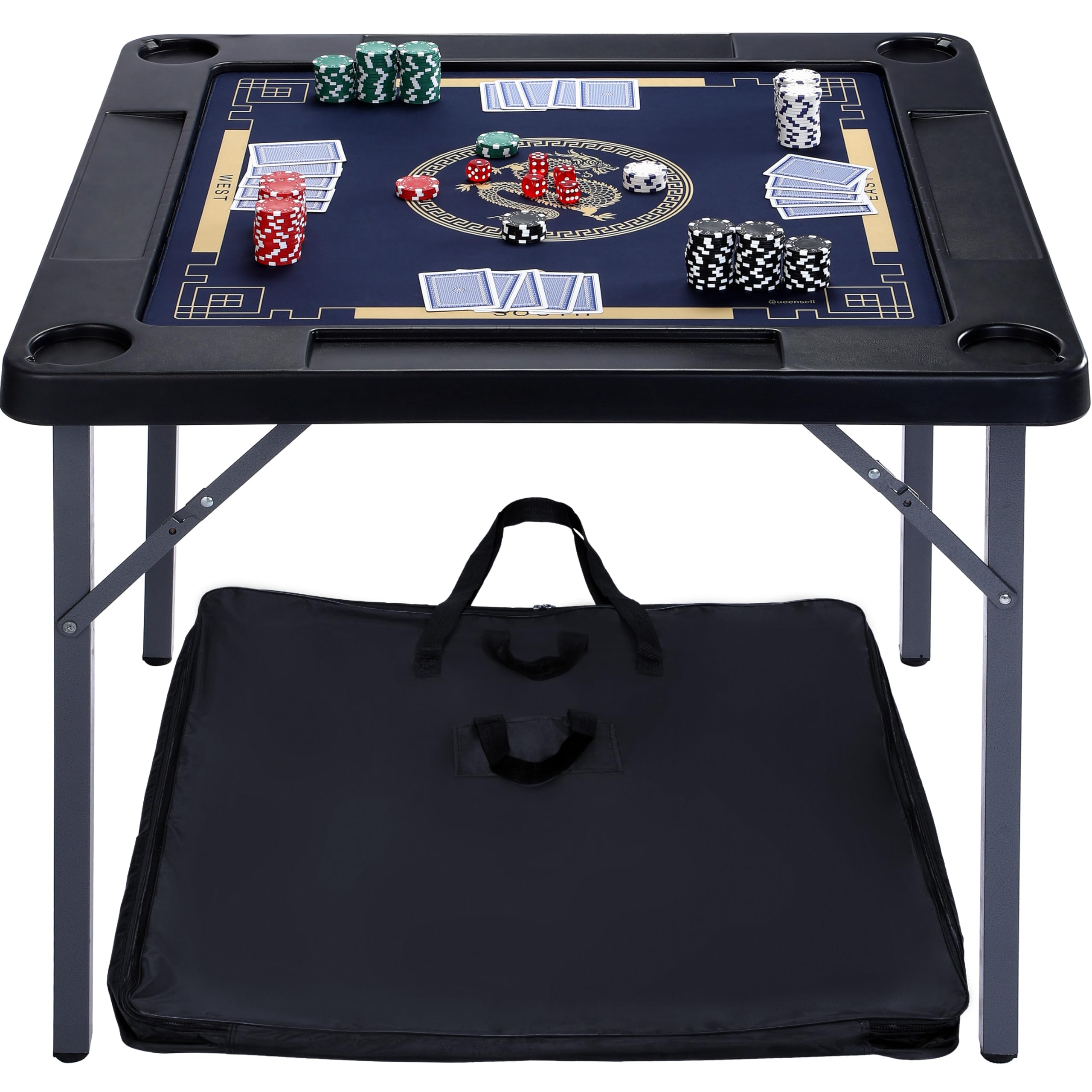 Queensell 35 x 35 x 27 Inch Folding Game Table with Double-Sided Mat - Portable Board Game Table for Mahjong, Domino, Poker, Puzzles & Cards | Includes Storage Bag | Perfect for Family Game Nights, Parties & Indoor Entertainment