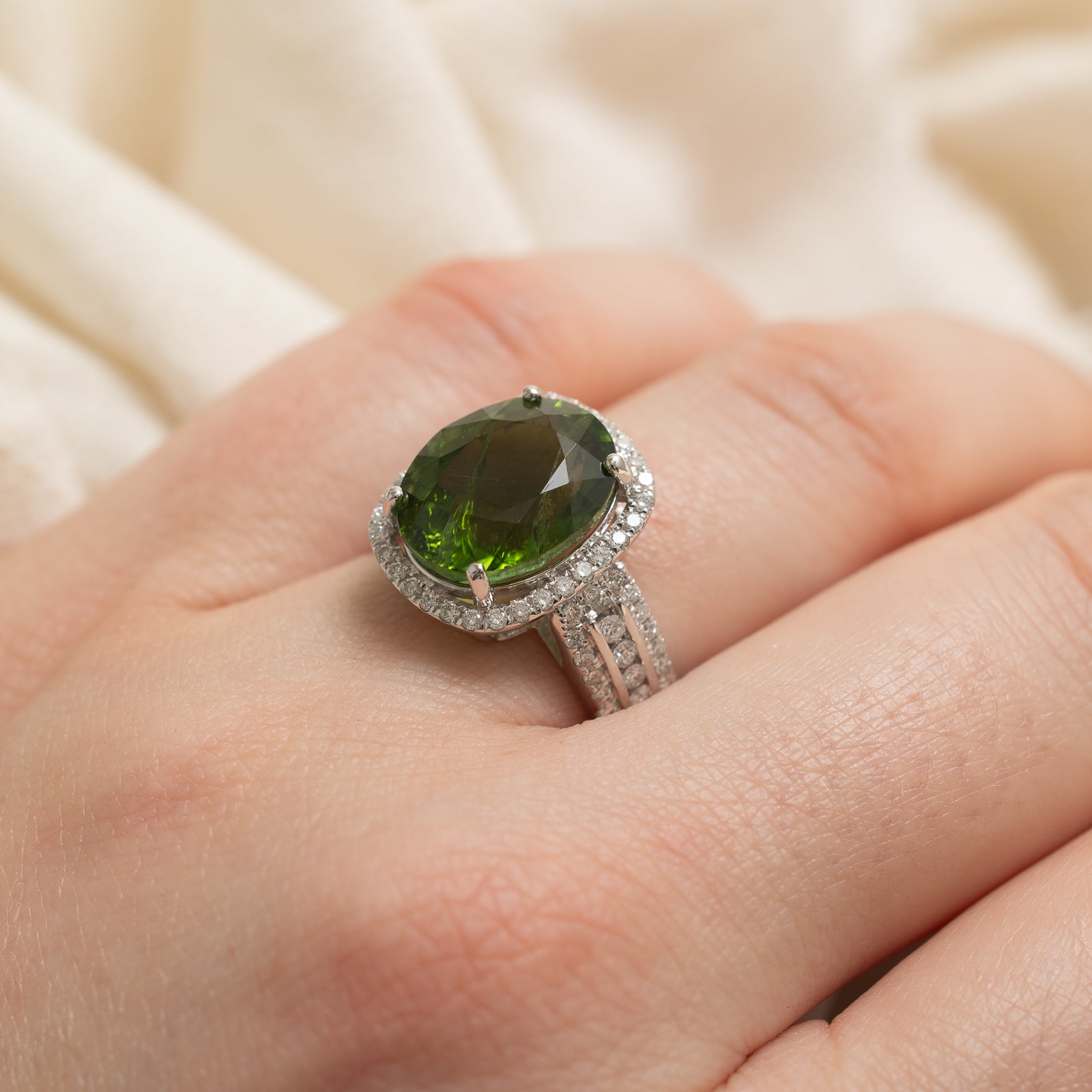 18K White Gold Tourmaline and Diamond Cocktail Ring - 6.00ct Tourmaline & 0.65ctw Diamonds - Size 6.5 - Elegant Evening Wear & Special Occasion Jewelry Gift