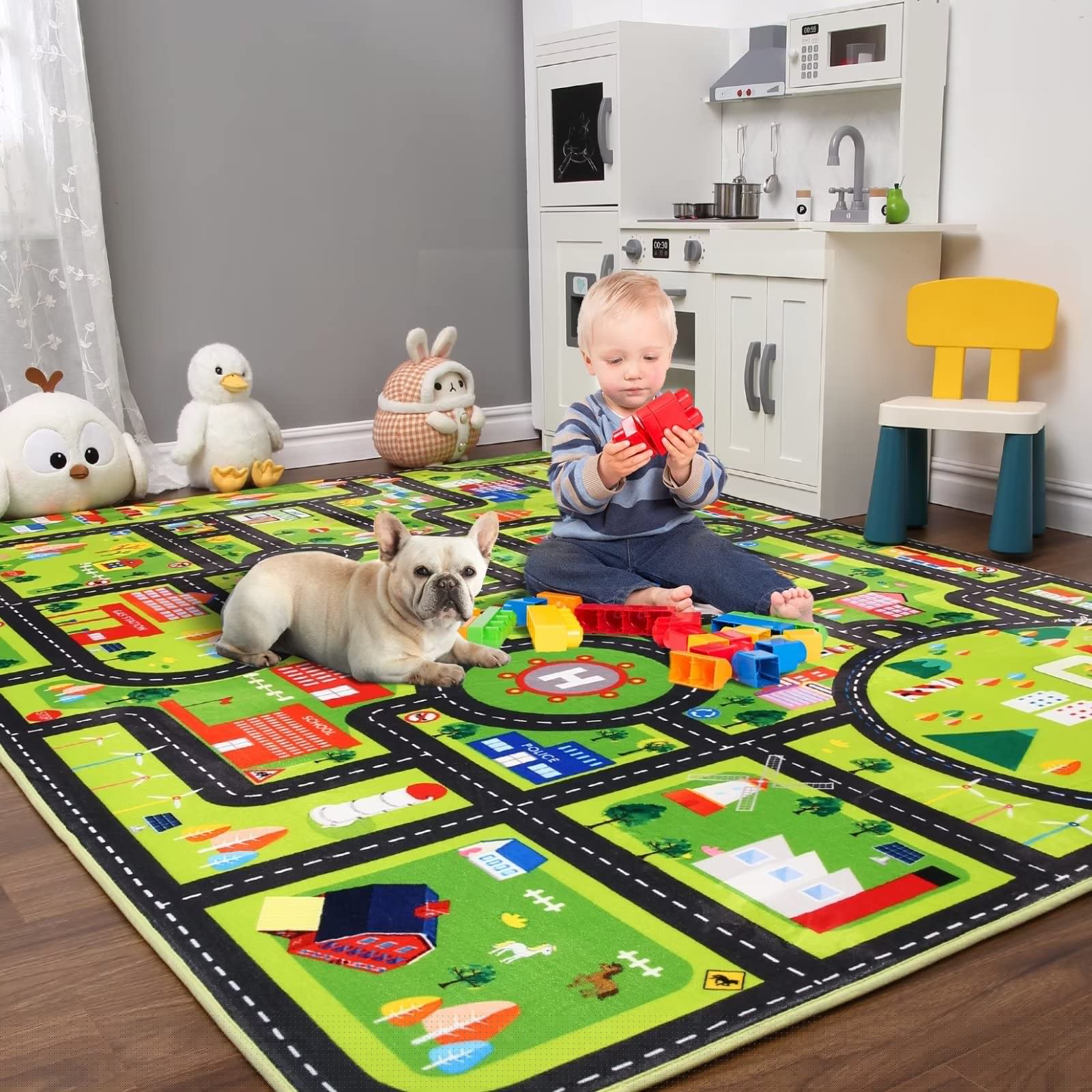 GlowSol 8x10 Feet Kids Play Mat - Non-Slip Educational City Life Rug with Traffic Roads for Toy Cars | Safe Nursery Crawling Mat for Toddlers | Perfect for Playrooms, Daycares & Learning Activities