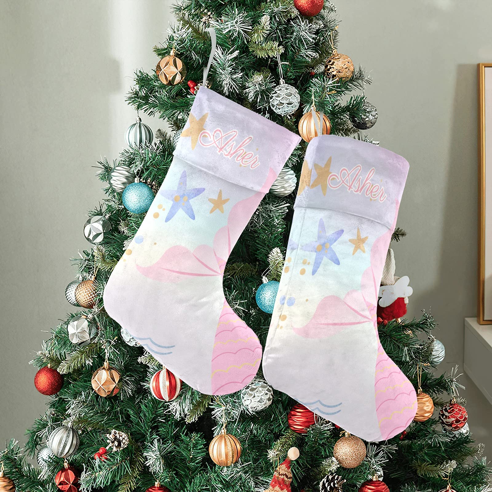**Personalized Christmas Stockings with Name - Large Custom Family Stockings for Adults, Kids, Baby & Pets (Mermaid Pink) - Perfect Holiday Decor & Gift for Girls, Boys, Christmas Xmas Celebrations**