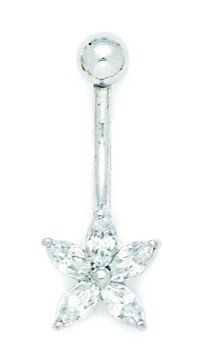 14K White Gold CZ Cubic Zirconia Simulated Diamond Belly Ring - 14 Gauge Dangling Star Body Jewelry (26x10mm) - Perfect Gift for Women | Everyday Wear, Parties & Special Occasions