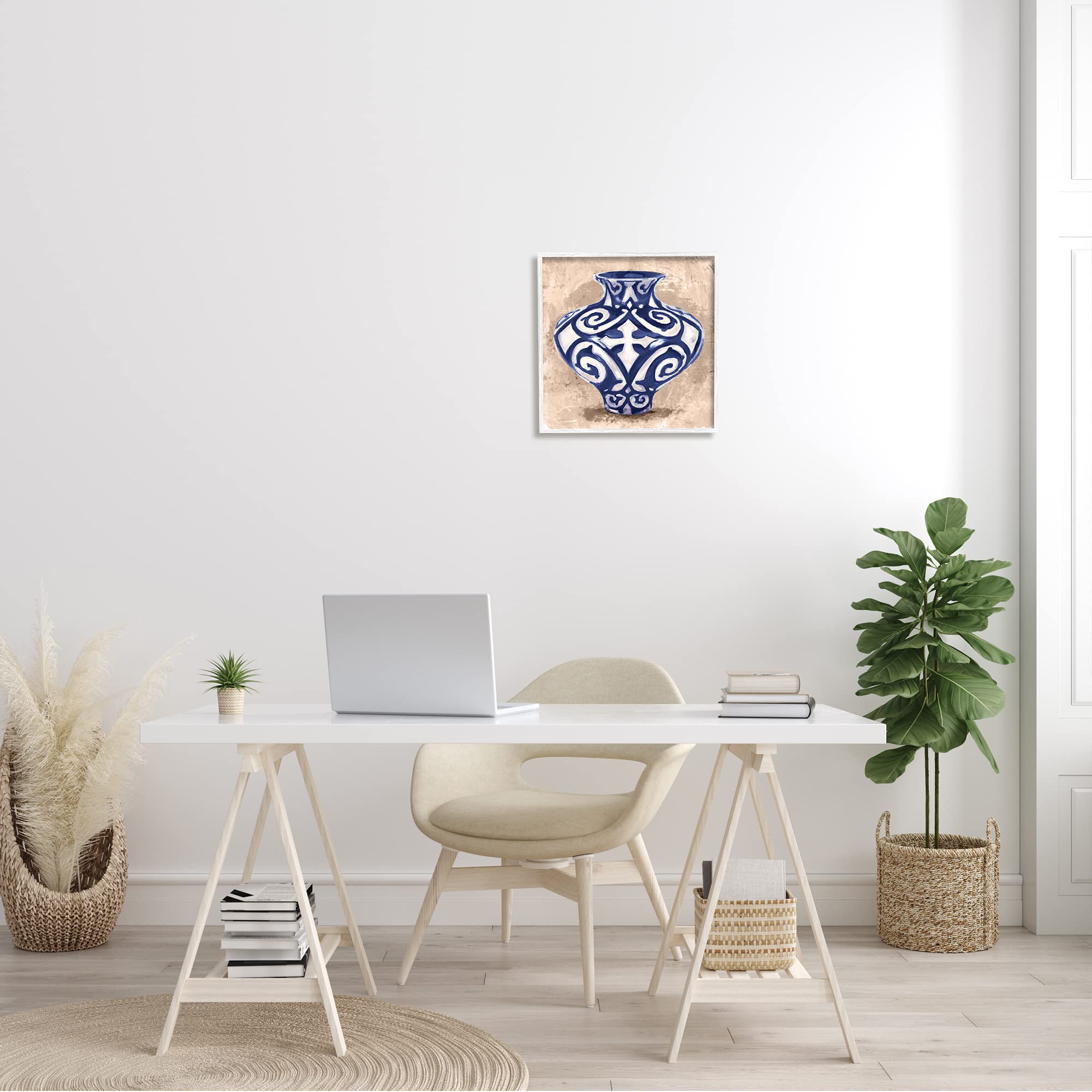 Stupell Industries Modern Ceramic Vase Still Life Wall Art - Distressed Brown Pattern, White Framed, 17x17 Inches, Blue | Home Decor, Living Room, Bedroom, Office Wall Art
