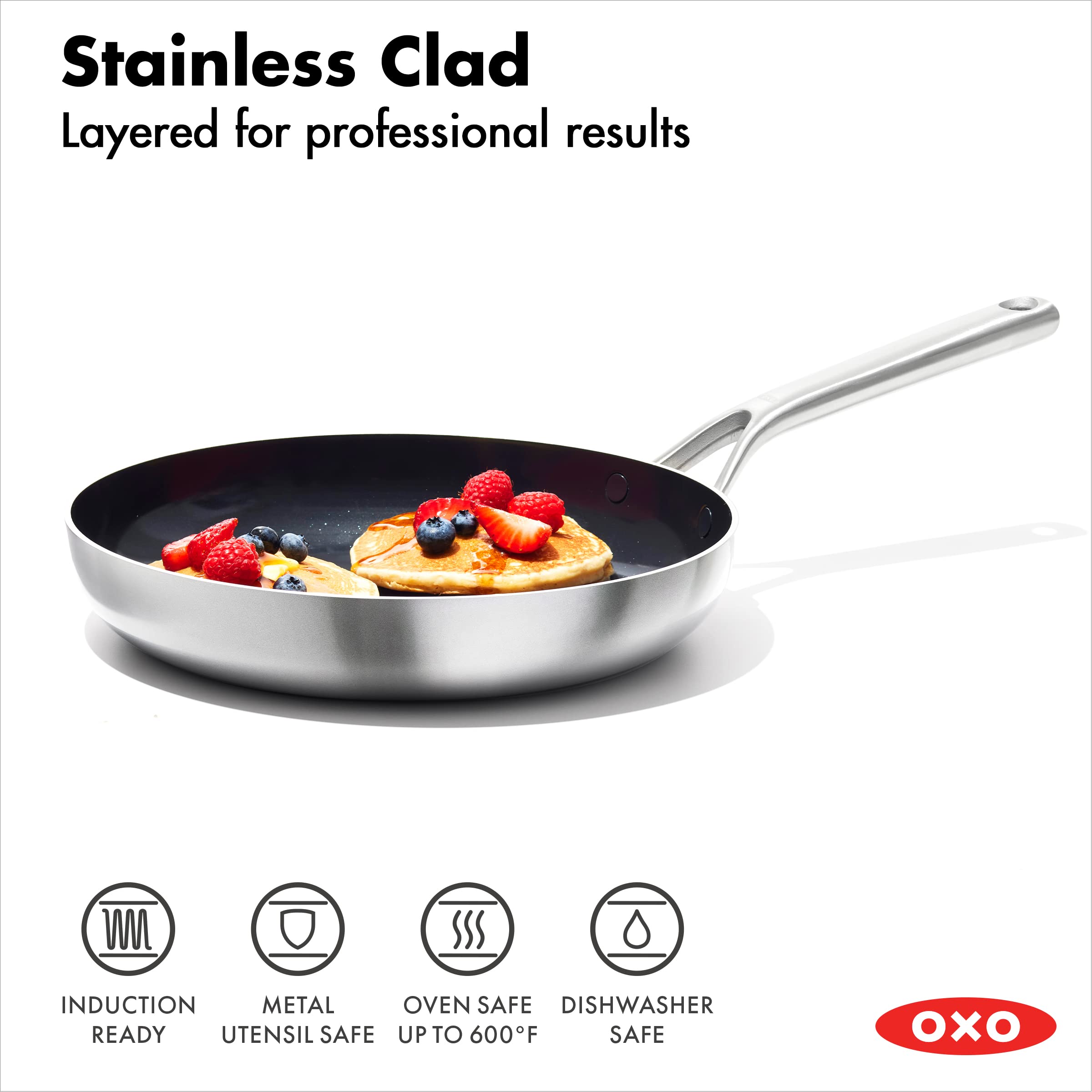OXO Mira 12-Inch Stainless Steel Frying Pan Skillet - Tri-Ply Multi-Clad Construction, PFAS-Free Ceramic Nonstick Coating, Induction Compatible, Oven & Dishwasher Safe - Perfect for Searing, Frying & Sauteing - Ideal for Home Cooking, Restaurants & Professional Kitchens
