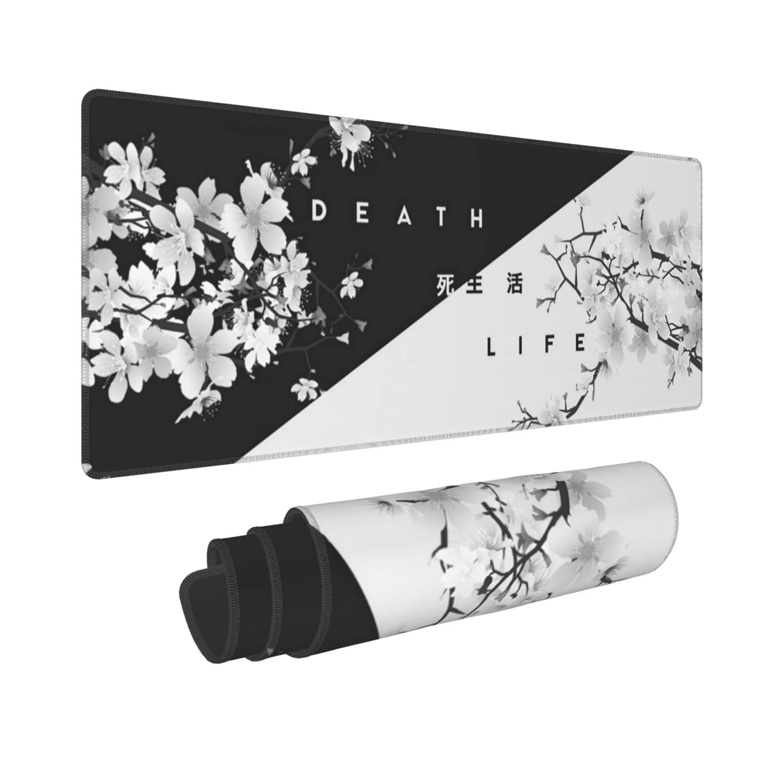 Tianhua Black and White Cherry Blossom Gaming Mouse Pad - Extra Large 31.5 x 11.8 Inch Non-Slip Rubber Base Desk Mat with Stitched Edges - Perfect for PC, Laptop, Office & Gaming Setup