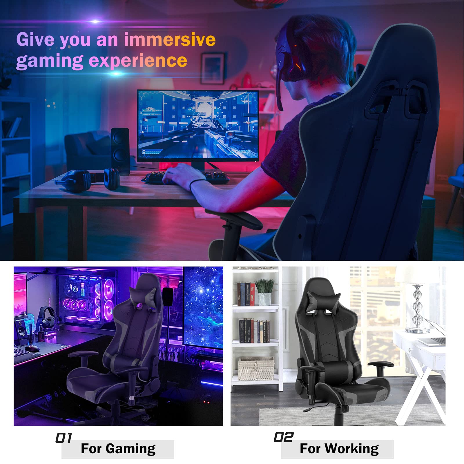 GYMAX Ergonomic Gaming Chair with Adjustable Headrest & Lumbar Support - Reclining Computer Chair for Adults - Comfortable Office Desk Chair for Gamers & Professionals - Perfect for Long Gaming Sessions & Remote Work (Grey)