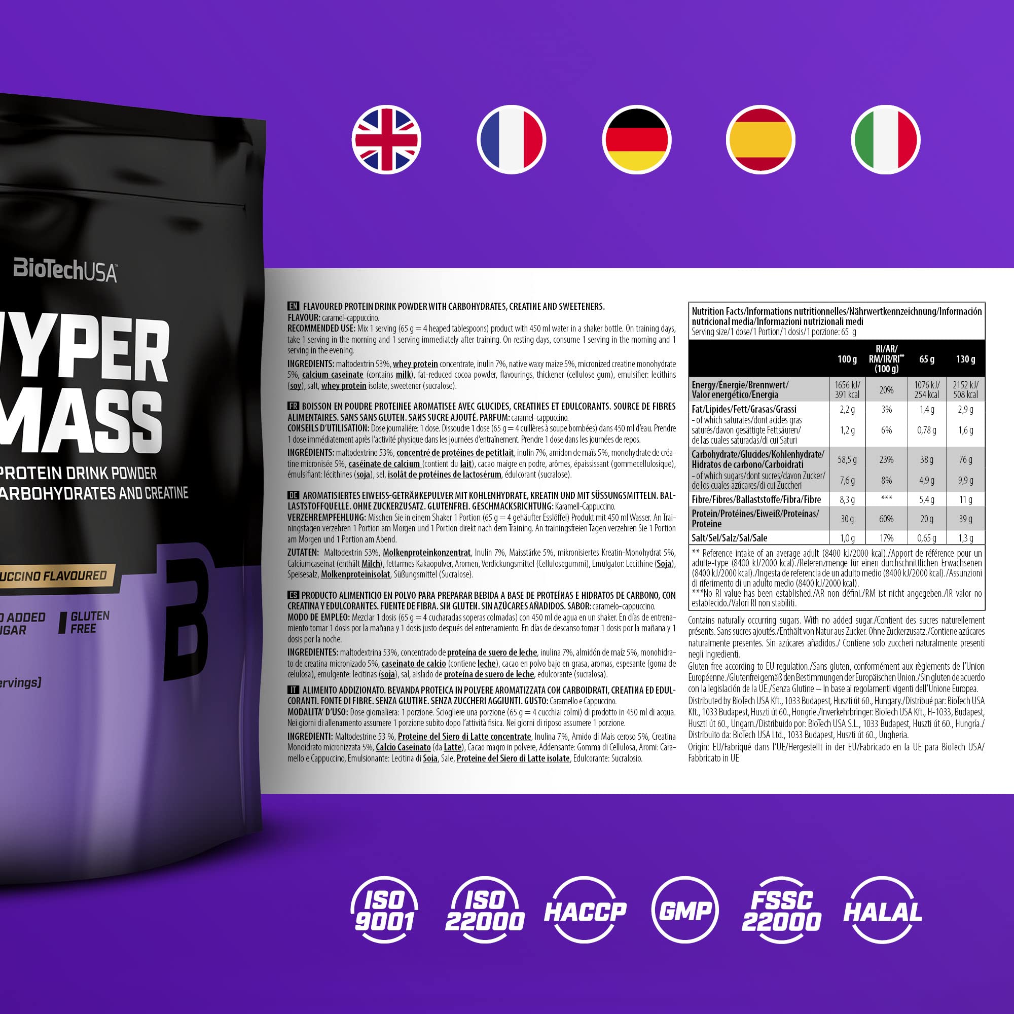 BioTechUSA Hyper Mass Gainer - Caramel Cappuccino Flavor 1000g for Muscle Growth & Weight Gain | Perfect Post-Workout Recovery Shake for Bodybuilders & Athletes