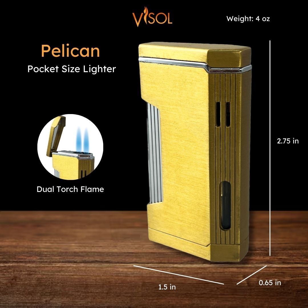 Visol Pelican Dual Torch Flame Lighter - Gold Windproof Refillable Butane Lighter for Cigars, Candles, Camping & Outdoor Use