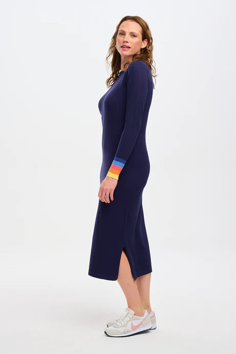 Liselle Knit Dress Navy with Sunset Cuffs - Elegant Casual Wear for Women | Perfect for Office, Date Night & Special Occasions