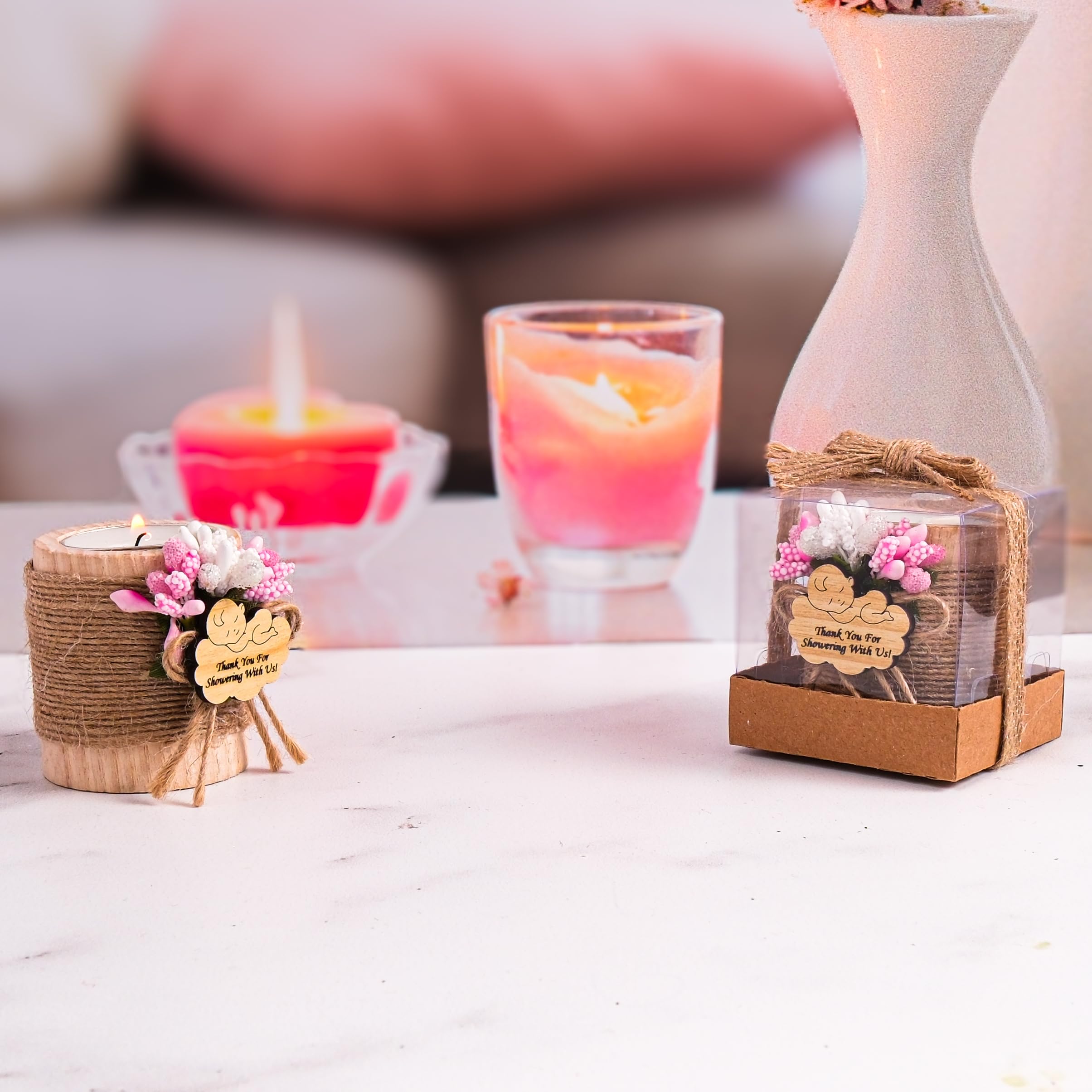 10 Pack Wooden Tealight Candle Holders for Baby Shower Decorations - Pink & Light Brown Baby Shower Gifts, Party Favors, Wedding Centerpieces, Romantic Home Decor
