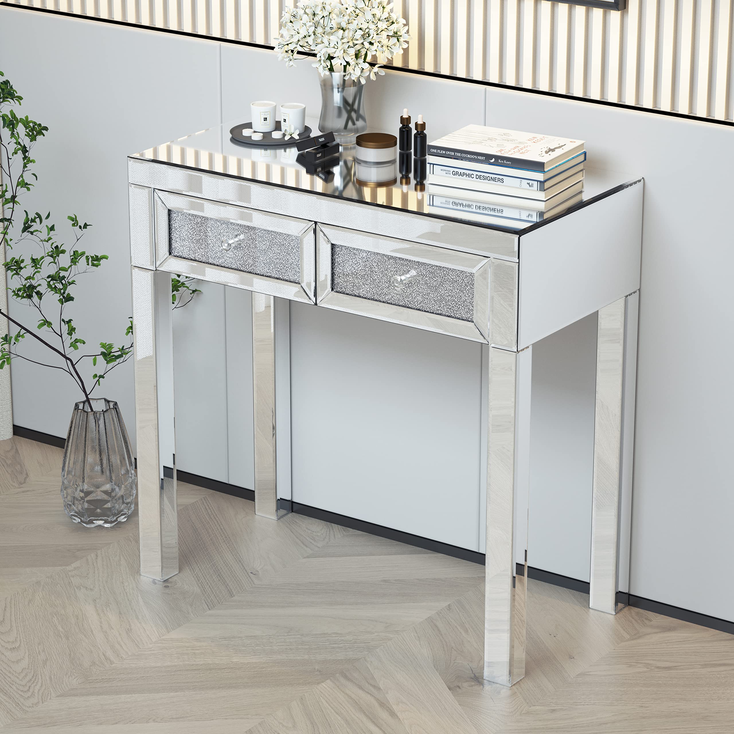 HUAYICUN Crystal Diamond Vanity Table with Mirror & 2 Drawers for Women - Home Office & Bedroom