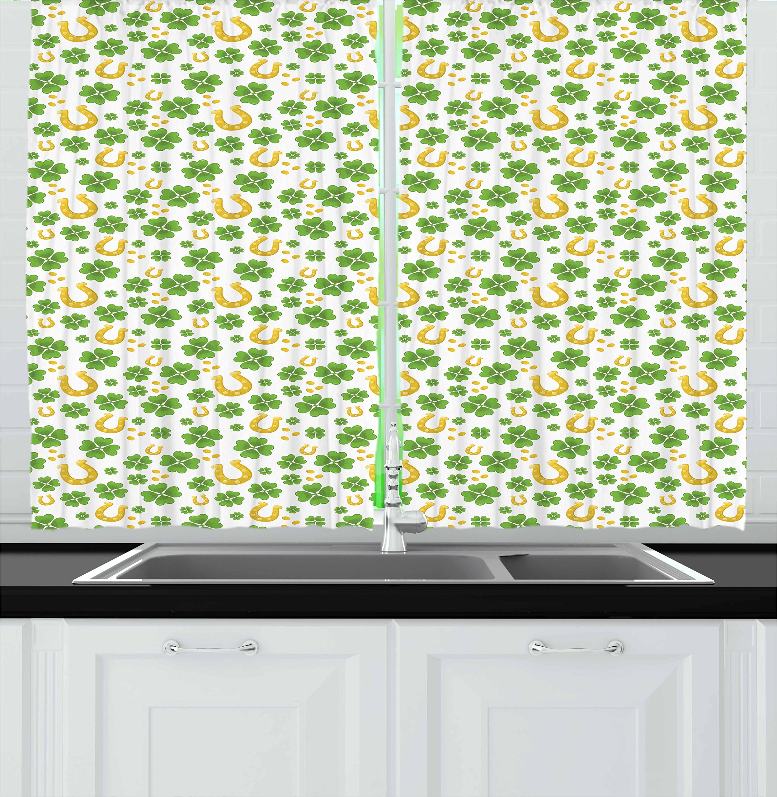 Lunarable St. Patrick's Day Kitchen Curtains Set of 2 Panels - Irish Luck Design with Horseshoe Coins & Four Leaf Clovers - 55x39 Inch Green & Yellow Window Drapes for Kitchen, Cafe, Pub Decor - Perfect for St. Patrick's Day Party & Irish-Themed Home Decor