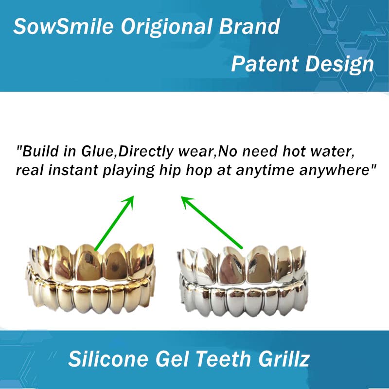 SowSmile 24K Gold Plated Silicone Gel Grillz - Custom Fit Gold Teeth Covers for Men & Women | Hip Hop Jewelry, Rap Style Accessories | Perfect for Concerts, Parties & Photo Shoots