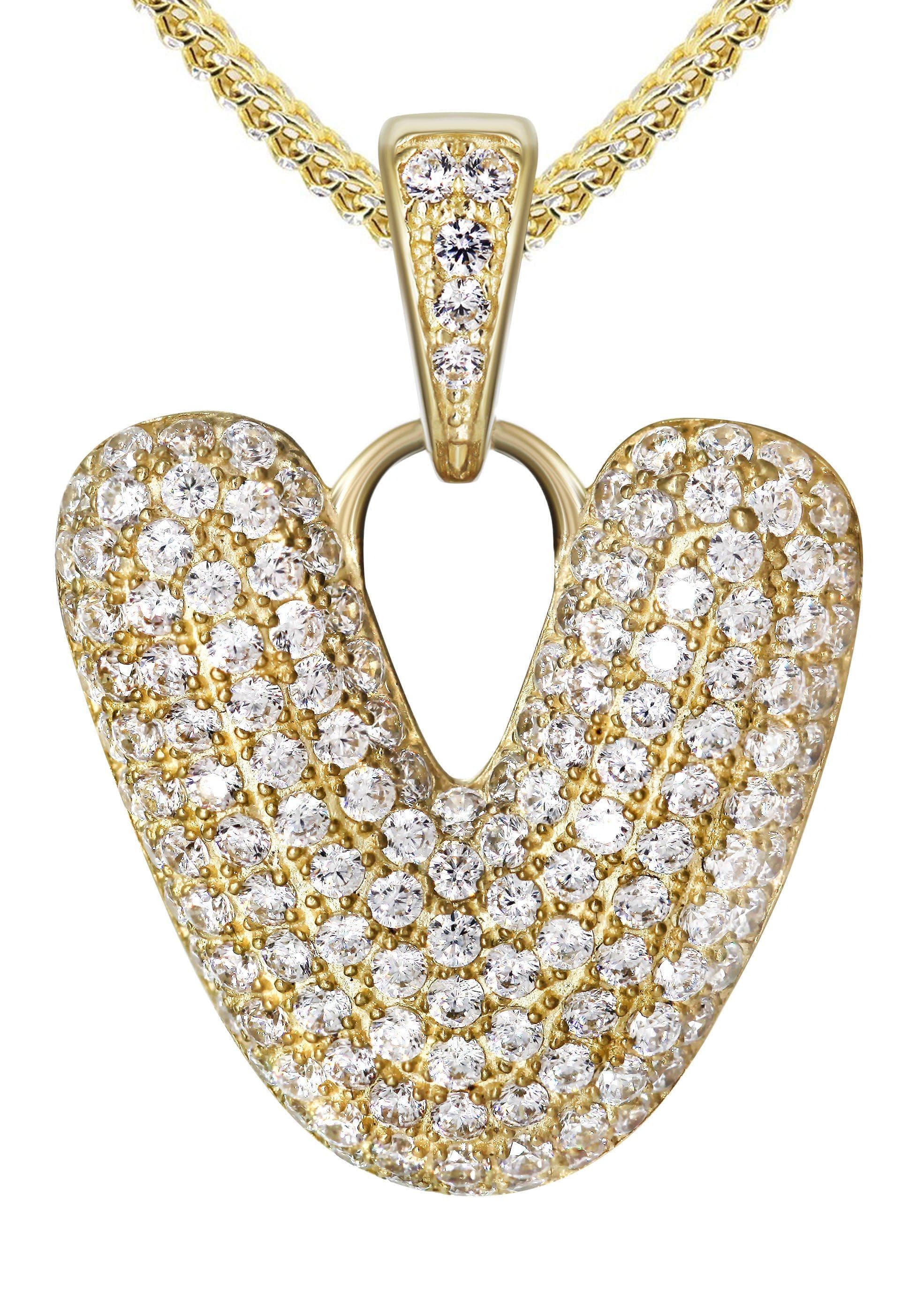 10K Yellow Gold Bubble Letter V CZ Necklace for Women | 13.1 Grams | Elegant Initial Pendant Jewelry Gift for Birthday, Anniversary & Valentine's Day