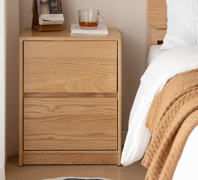 Solid Oak Wood Nightstand with 2 Drawers - Bedroom Side Table for Bedside Storage & Organization