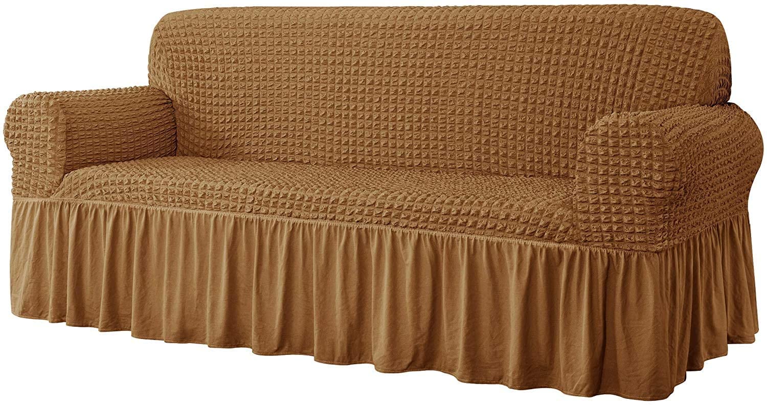 YYHSND Universal Sofa Cover - 1-Piece Stretchable Couch Slipcover, Washable Durable Seersucker Fabric Furniture Protector with Skirt (Almond, 3-Seater) for Living Room, Office & Home Decor