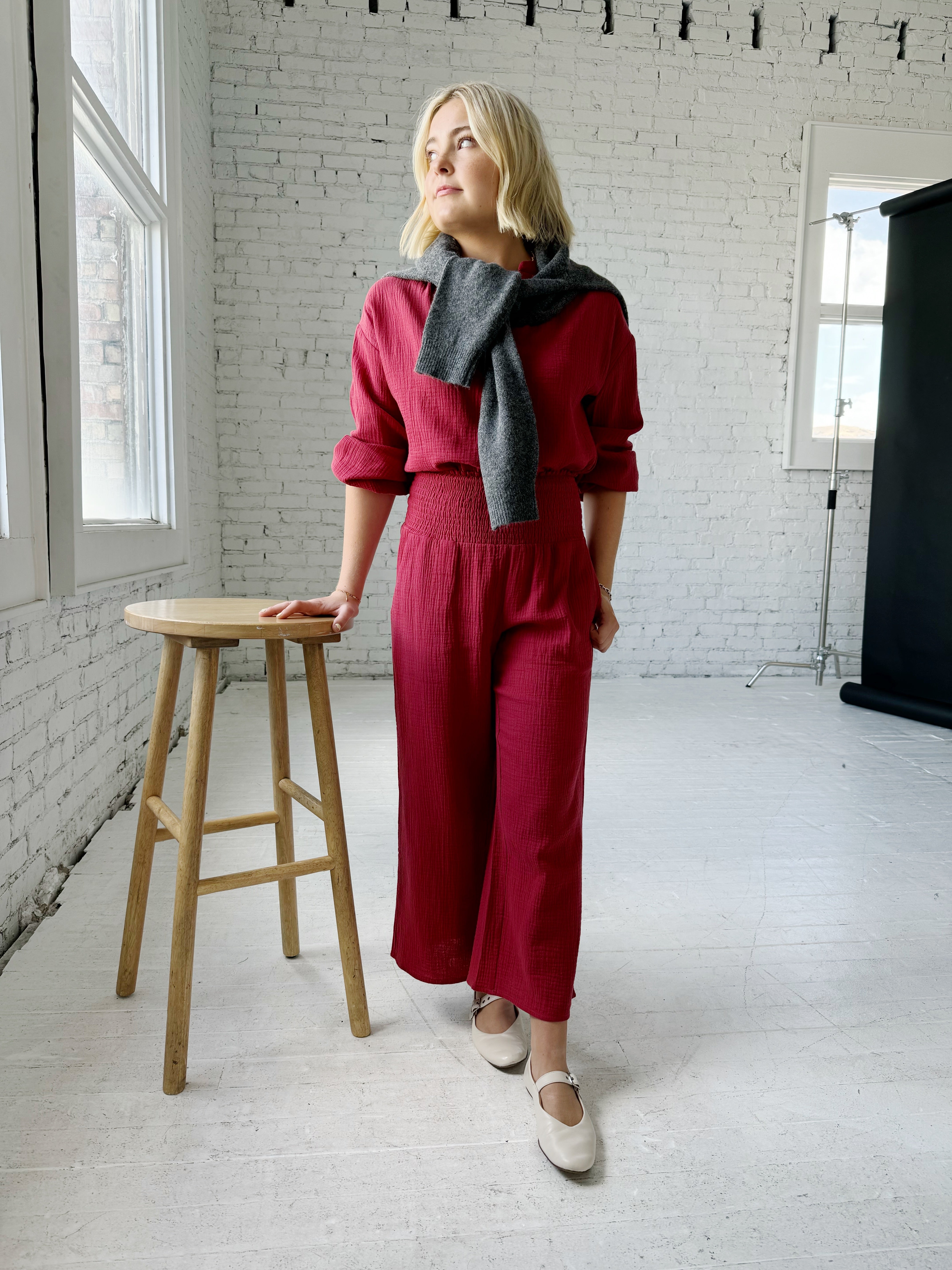 Zoe Smocked Pant - Women's High Waisted Floral Print Stretch Pants for Casual Wear & Lounge | Scarlet Red