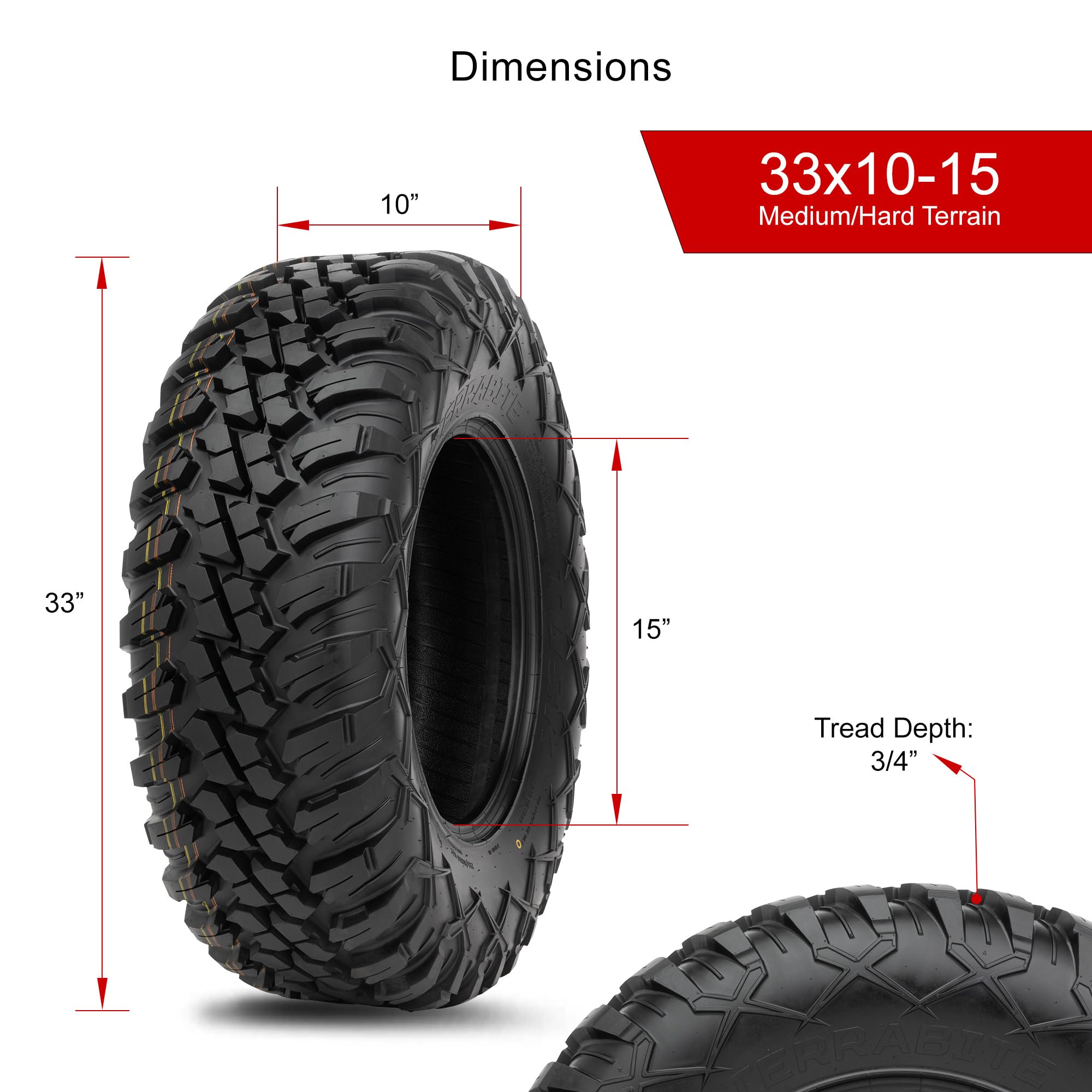 Tusk Terrabite® 33x10-15 Radial Tire for ATV/UTV - Medium/Hard Terrain Grip - All-Weather Performance for Off-Road Trails, Mud, Sand & Rocky Surfaces