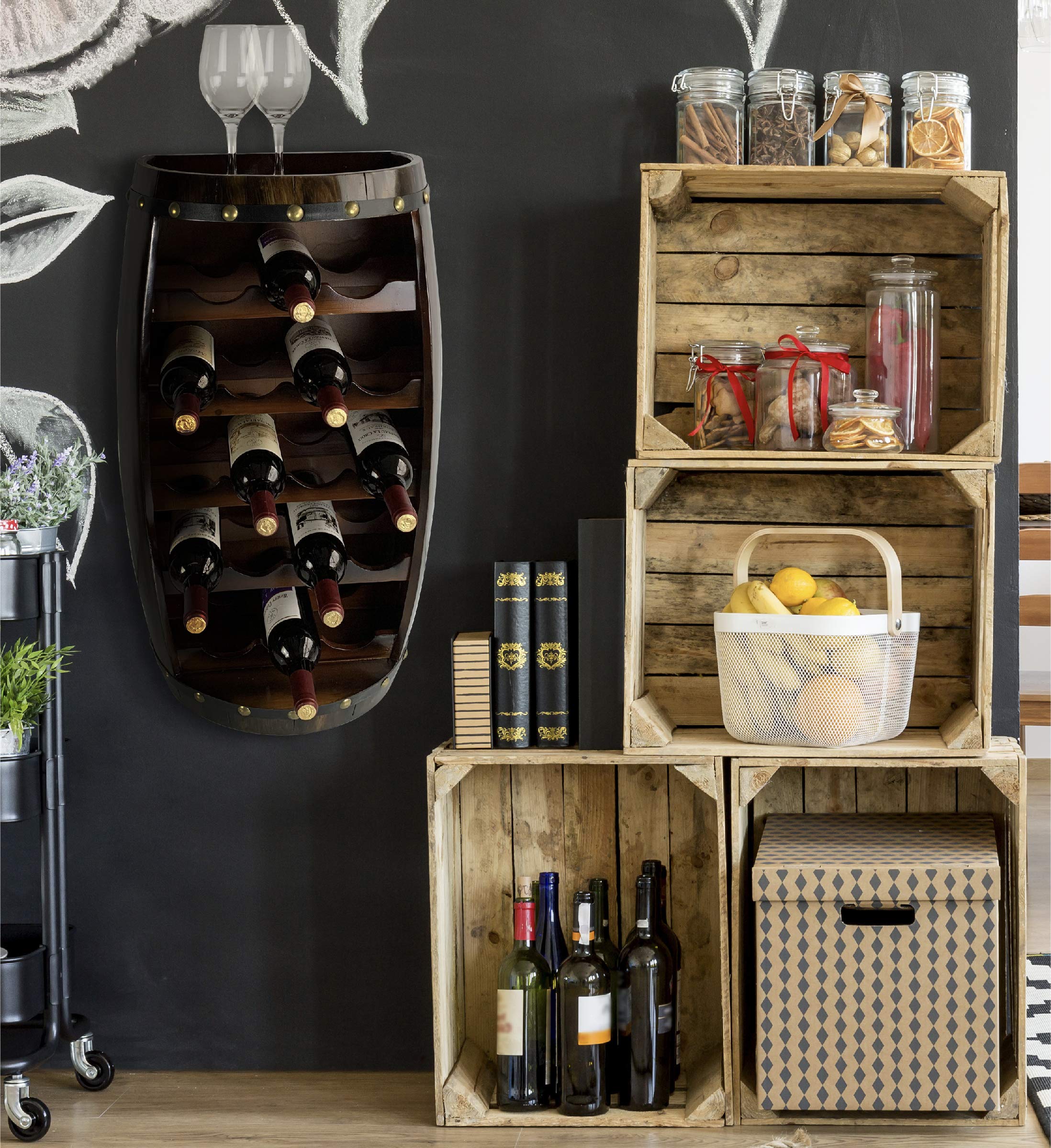 CoTa Global Alexander 18-Bottle Wooden Wine Rack - Freestanding & Wall Mounted Rustic Wine Storage Shelf with Glass Holder for Home Bar, Kitchen, Dining Room, and Wine Cellar Organization