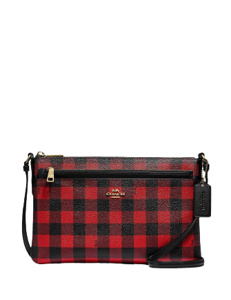 Coach East West Buffalo Plaid Print Crossbody Bag with Detachable Pouch - Stylish Shoulder Purse for Women, Perfect for Work, Travel & Everyday Use
