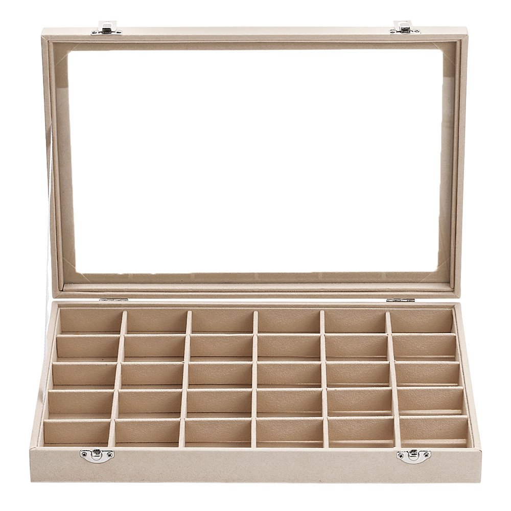 Sky Piea 30 Grid Velvet Jewelry Organizer Box - Premium Glass Top Earring & Ring Storage Case with Soft Velvet Lining (Beige) - Perfect for Necklace, Bracelet & Jewelry Organization at Home or Travel
