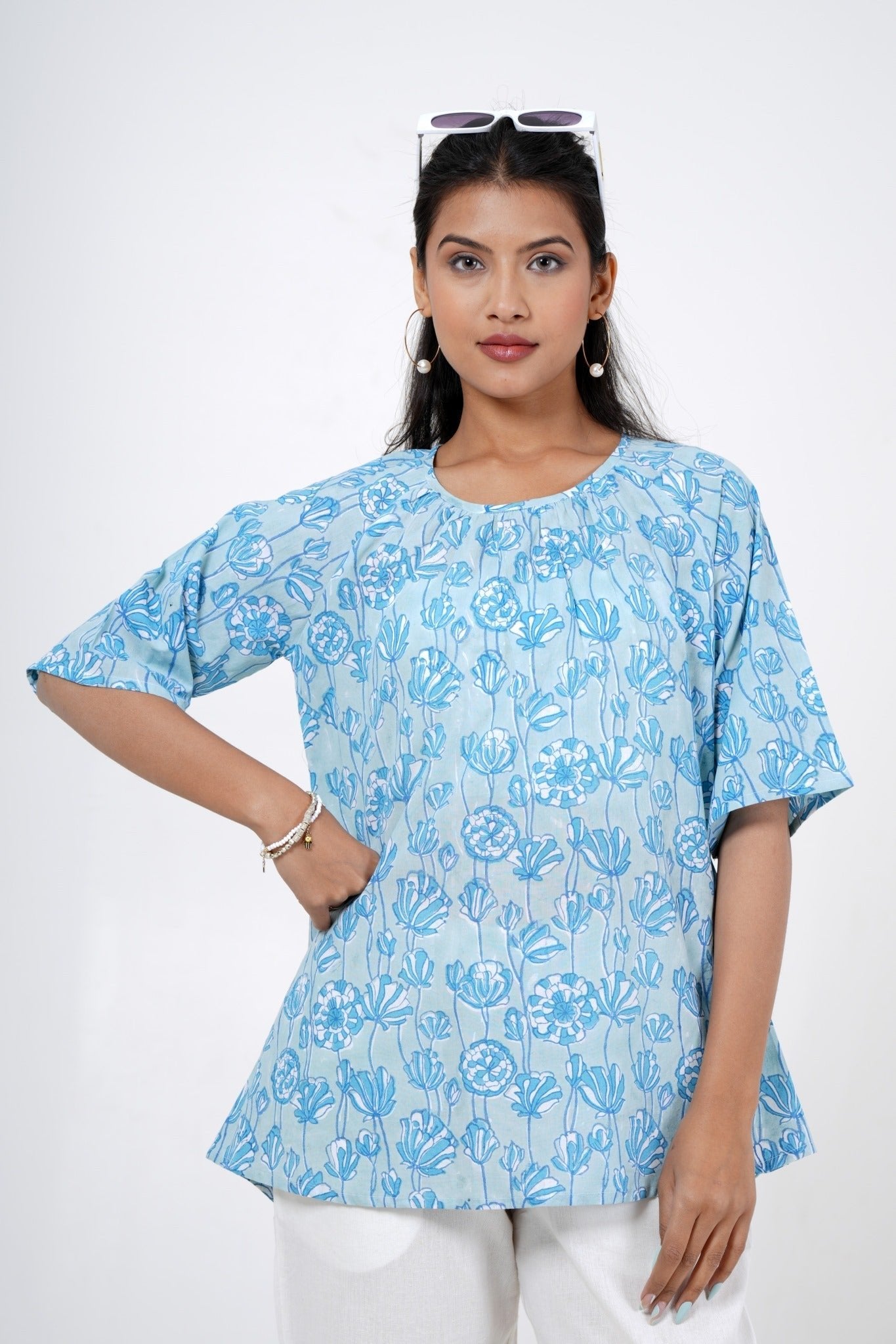 Tranquil Tulip Hand Block Printed Cotton Top for Women | Boho Chic Blouse | Perfect for Summer Outfits & Beach Vacations