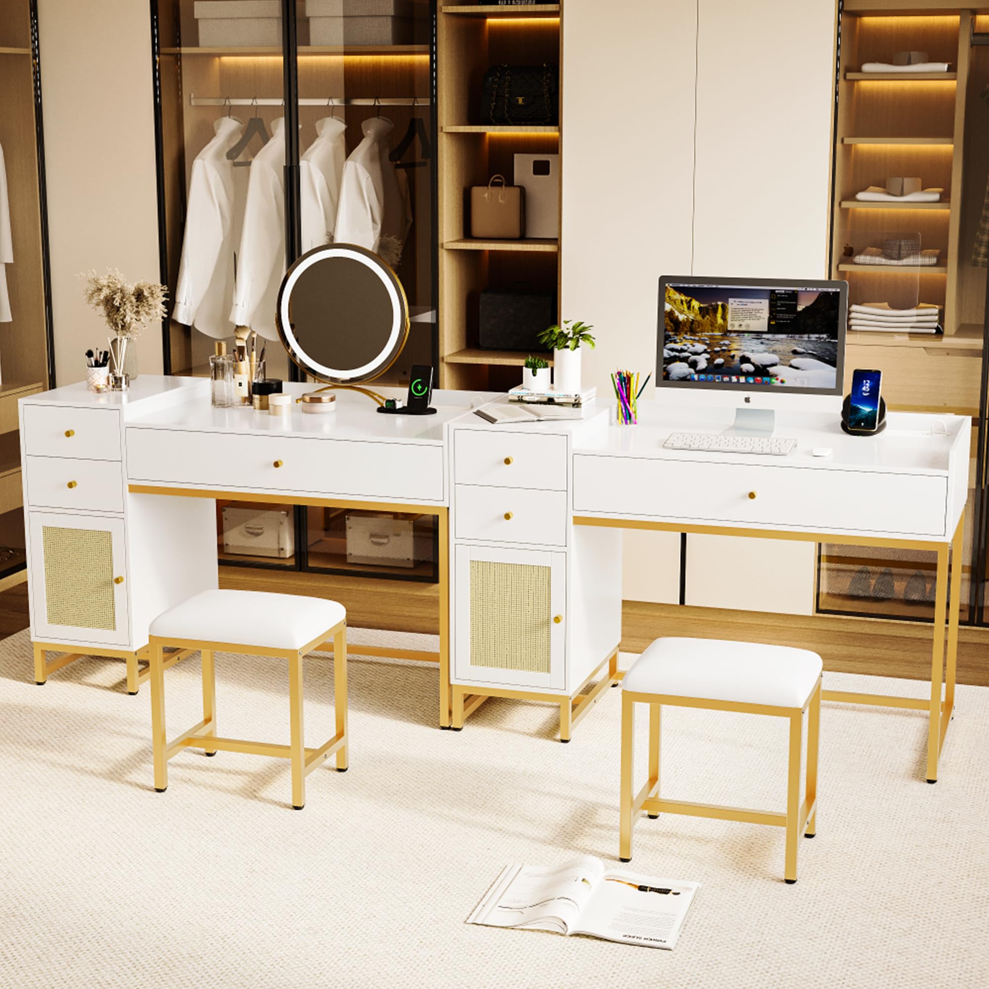 White Makeup Vanity Desk with Stools & Power Outlet - Rattan Dressing Table Set with Drawers & Storage Cabinet - Small Bedroom Vanity Table for Women - Perfect for Cosmetics Organization & Home Decor