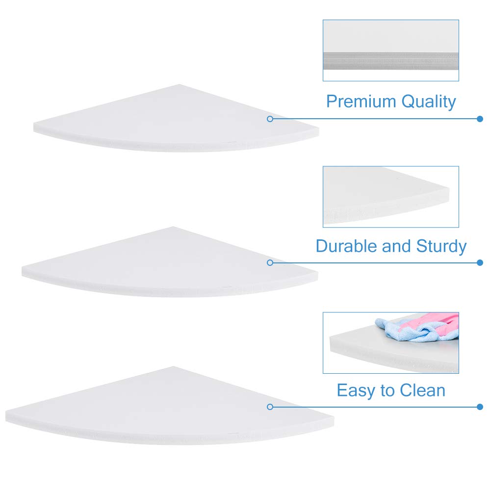 Greensen 3-Tier Floating Corner Shelf - Round End Wall Mounted PVC Shelves for Home Decor, Bedroom, Living Room, Bathroom, Kitchen & Office - White | Perfect for Small Spaces & Displaying Plants, Books & Decor Items