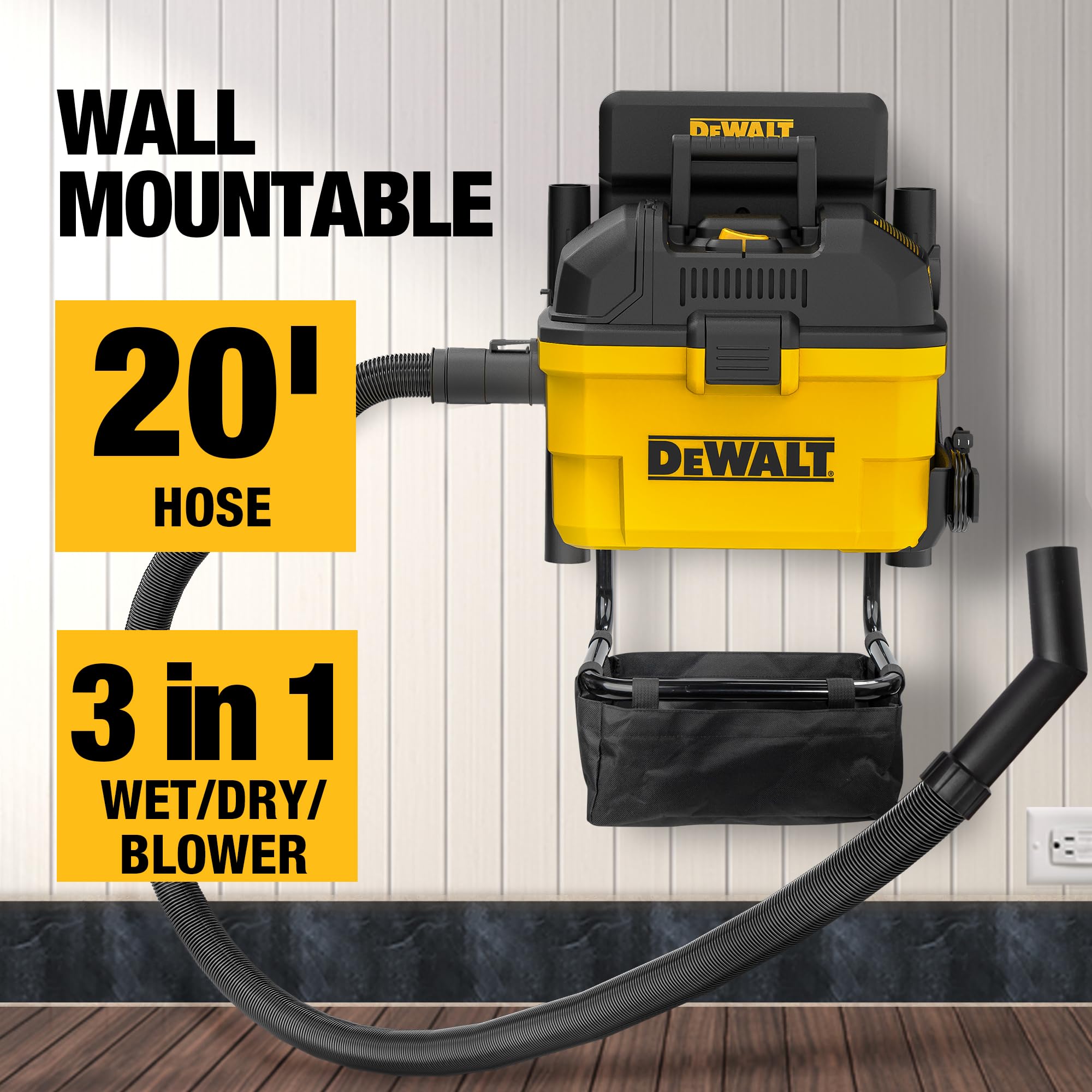 DEWALT 6 Gallon 5 HP Wall-Mounted Wet/Dry Vacuum Cleaner - Powerful Garage & Workshop Vacuum for Dust, Debris & Liquid Cleanup - Ideal for Home, Construction & Auto Detailing