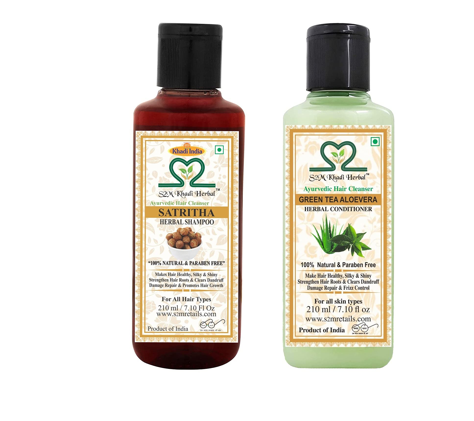 Organic Khadi Ayurvedic Hair Care Kit - Satritha Shampoo & Green Tea Aloe Vera Conditioner (210ml Each) | Natural Herbal Treatment for Dry, Damaged Hair | Perfect for Daily Hair Care Routine & Scalp Nourishment