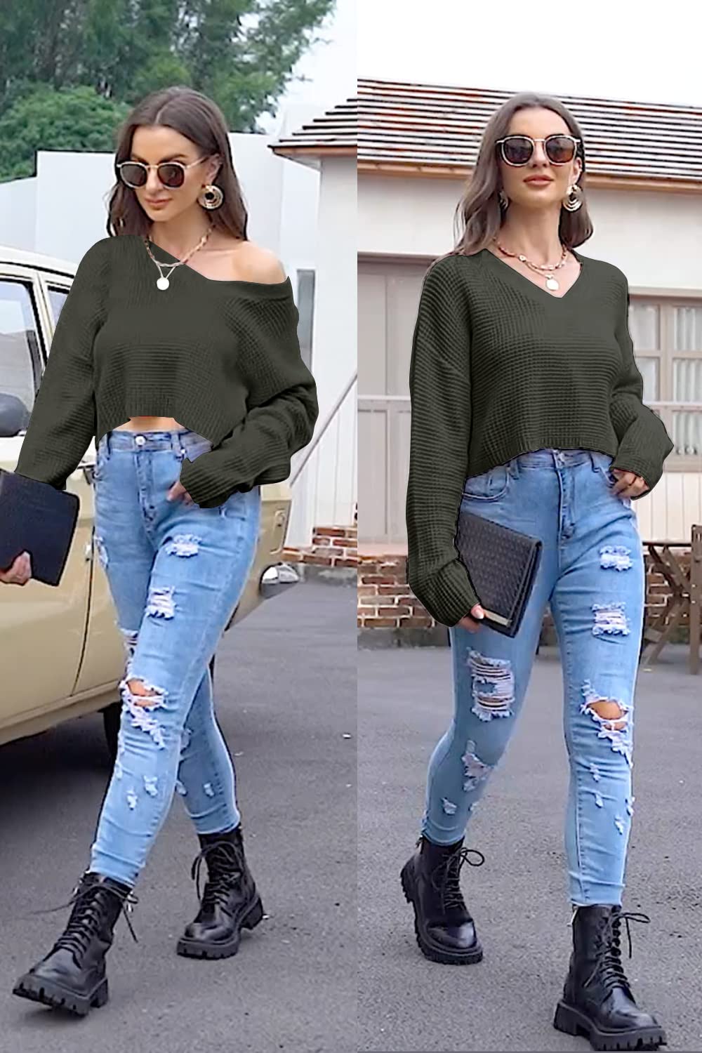 Jumppmile Women's V-Neck Waffle Knit Cropped Top - Long Sleeve Pullover Crop Sweater for Fall & Winter | Casual Outfit, Layering, Office Wear