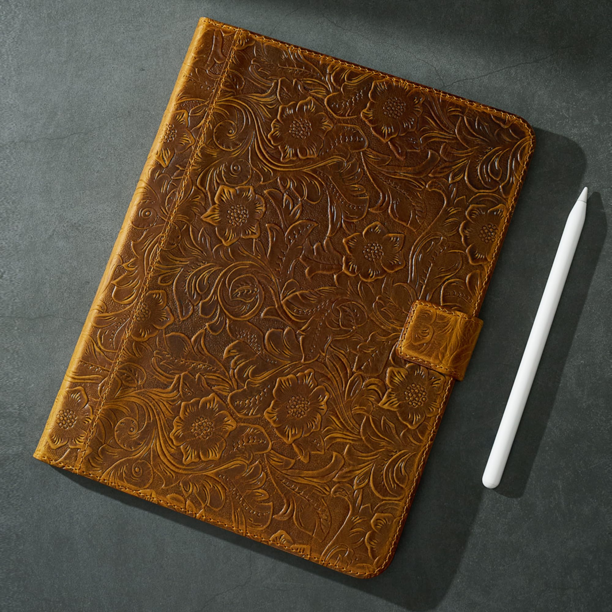 Gexmil Premium Top Grain Leather Case for iPad Air 11 Inch (M3 2025/M2 2024) & iPad Air 10.9 Inch (5th/4th Gen 2022/2020) - Flower Brown Cover with Apple Pencil Holder & Magnetic Closure | Perfect for Work, Travel & Daily Protection