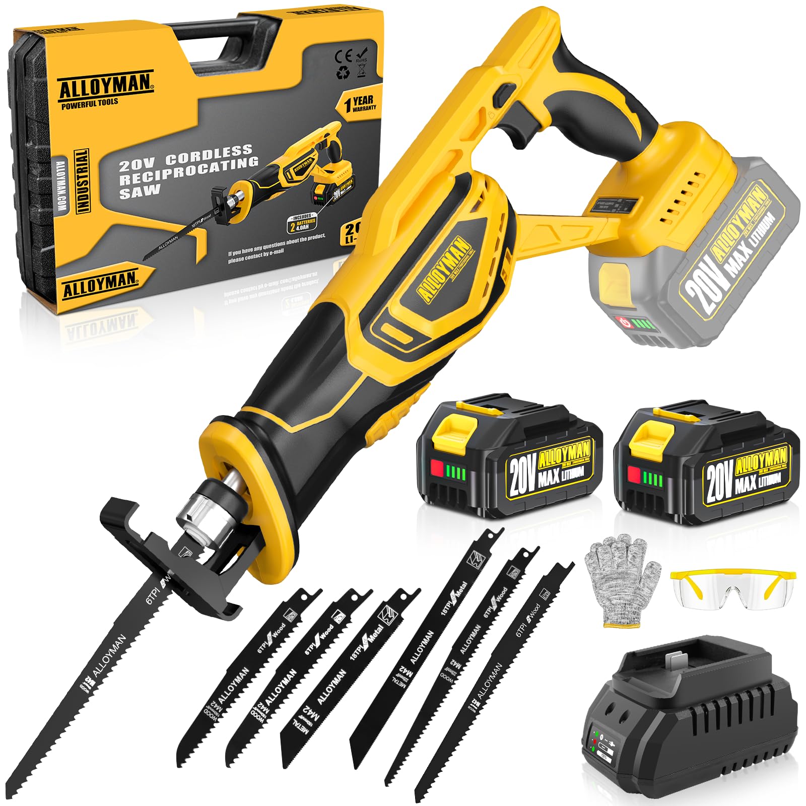 Alloyman 20V Cordless Reciprocating Saw - 3300SPM, 2 Batteries, 6 Blades - for Wood, Metal & PVC Cutting