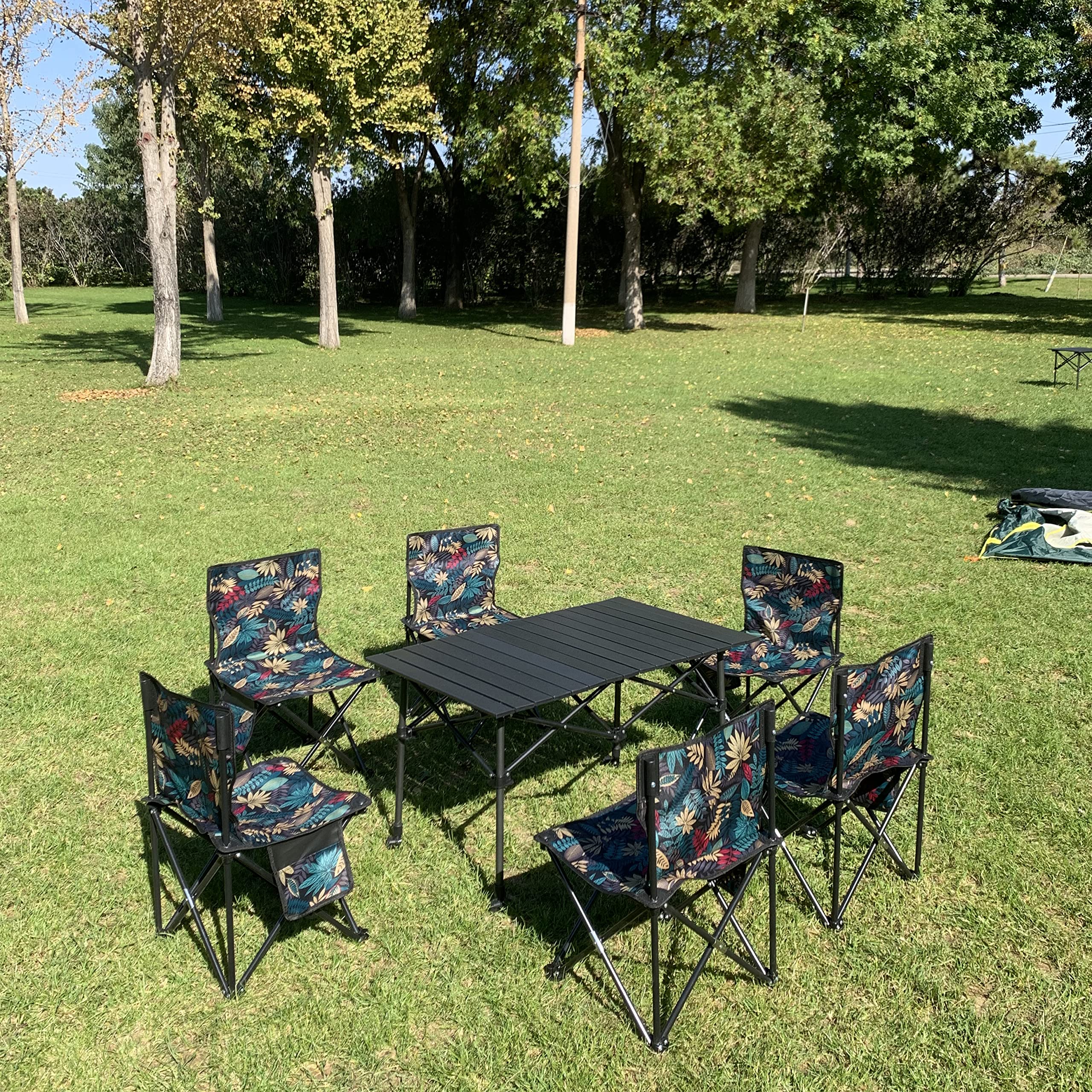Foldable Portable Camping Table with 4 Folding Chairs - Adjustable Height 20-28in, 37in Length - Includes Storage Net & Carrying Bag - Lightweight Aluminum Beach & Picnic Table for Outdoor, Backyard, BBQ, Tailgating & Beach Parties