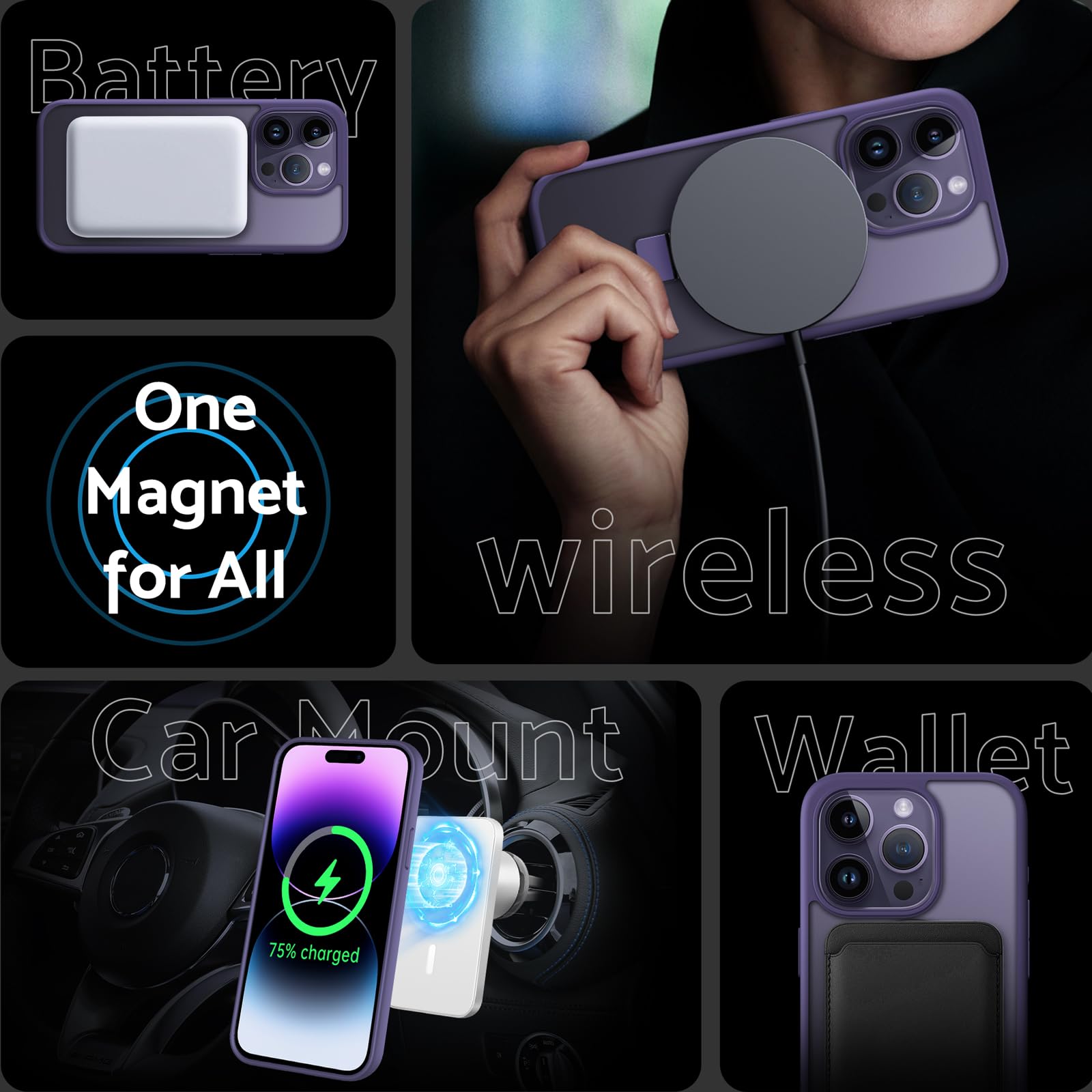 DASFOND Mag-Stand iPhone 15 Pro Case - 2023 Upgraded All-in-1 Magsafe Compatible with Invisible Ring Kickstand, Matte Transparent Protective Cover (Purple) - Perfect for Work, Travel & Everyday Use