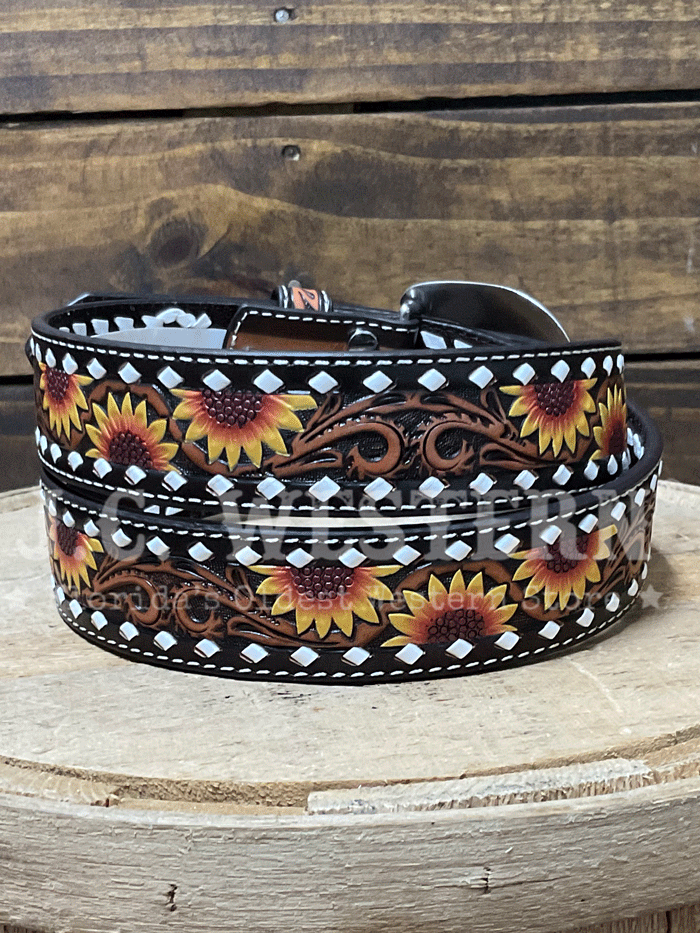 Nocona Women's Sunflower Embossed Leather Belt - Brown Western Style Fashion Accessory for Casual Outfits and Country Events
