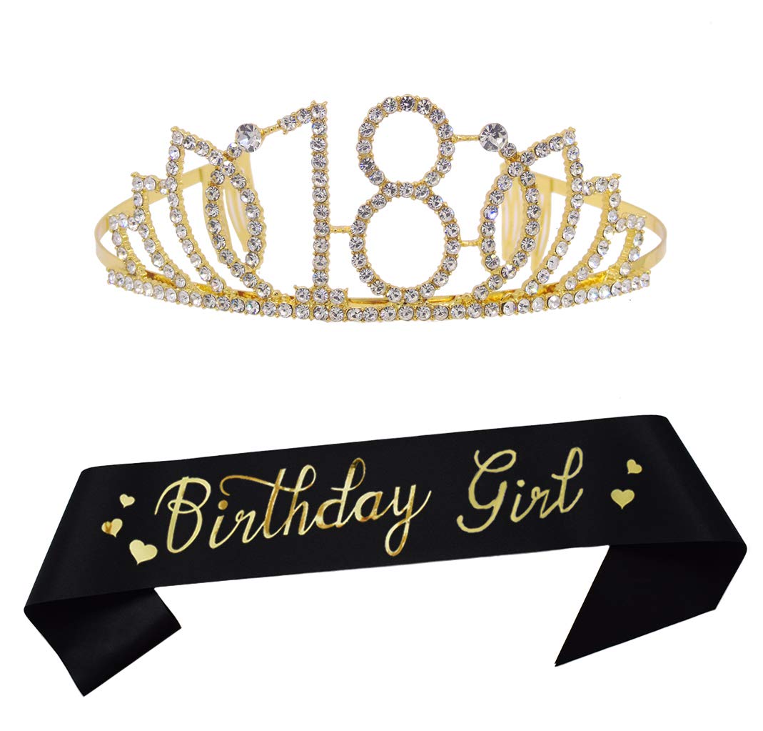 18th Birthday Gold Tiara & Glitter Sash Set - Crystal Princess Crown & Birthday Girl Sash for Sweet 16, Quinceañera, Prom - Perfect for Birthday Parties, Photo Shoots & Special Celebrations