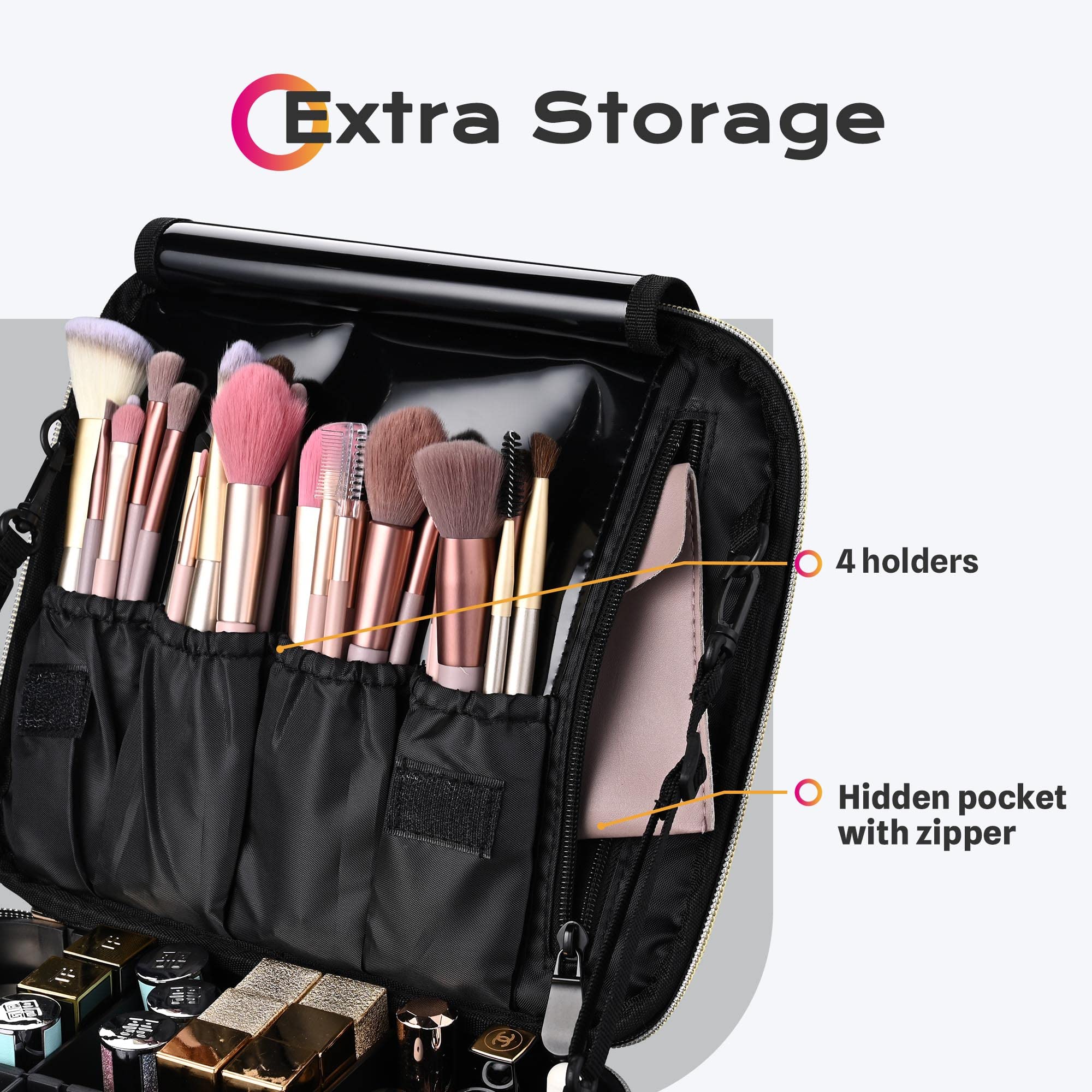 BYOOTIQUE Professional Travel Makeup Train Case with Adjustable Dividers - Sequin Cosmetic Organizer for Lipstick, Makeup Brushes & Toiletries - Glitter Black Makeup Bag for Travel, Home & Salon Use