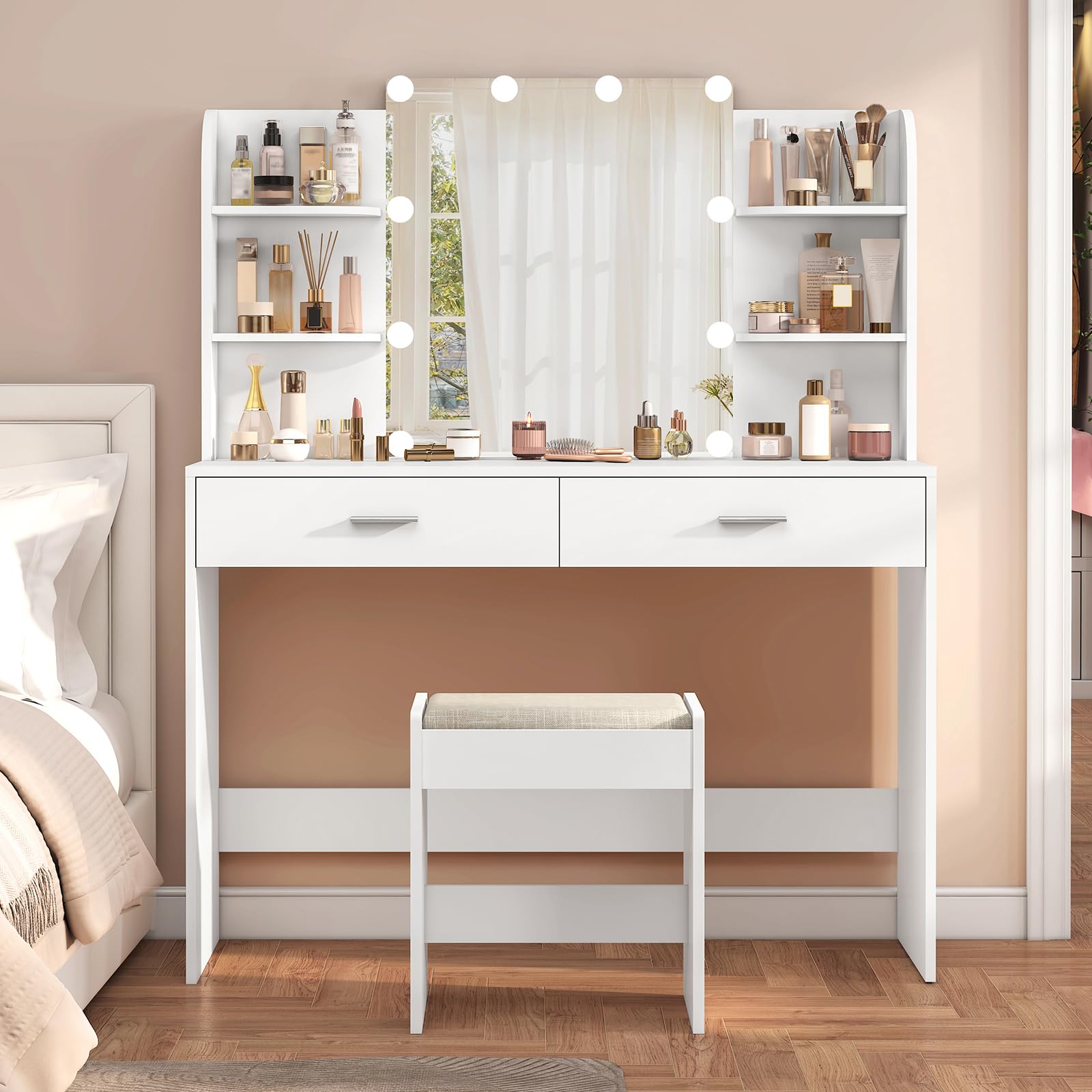USIKEY White Makeup Vanity Set with LED Mirror & 10 Lights, 2 Drawers & Open Shelves - Dressing Table with Cushioned Stool for Bedroom, Bathroom & Beauty Salon | Perfect for Makeup Application & Skincare Routine