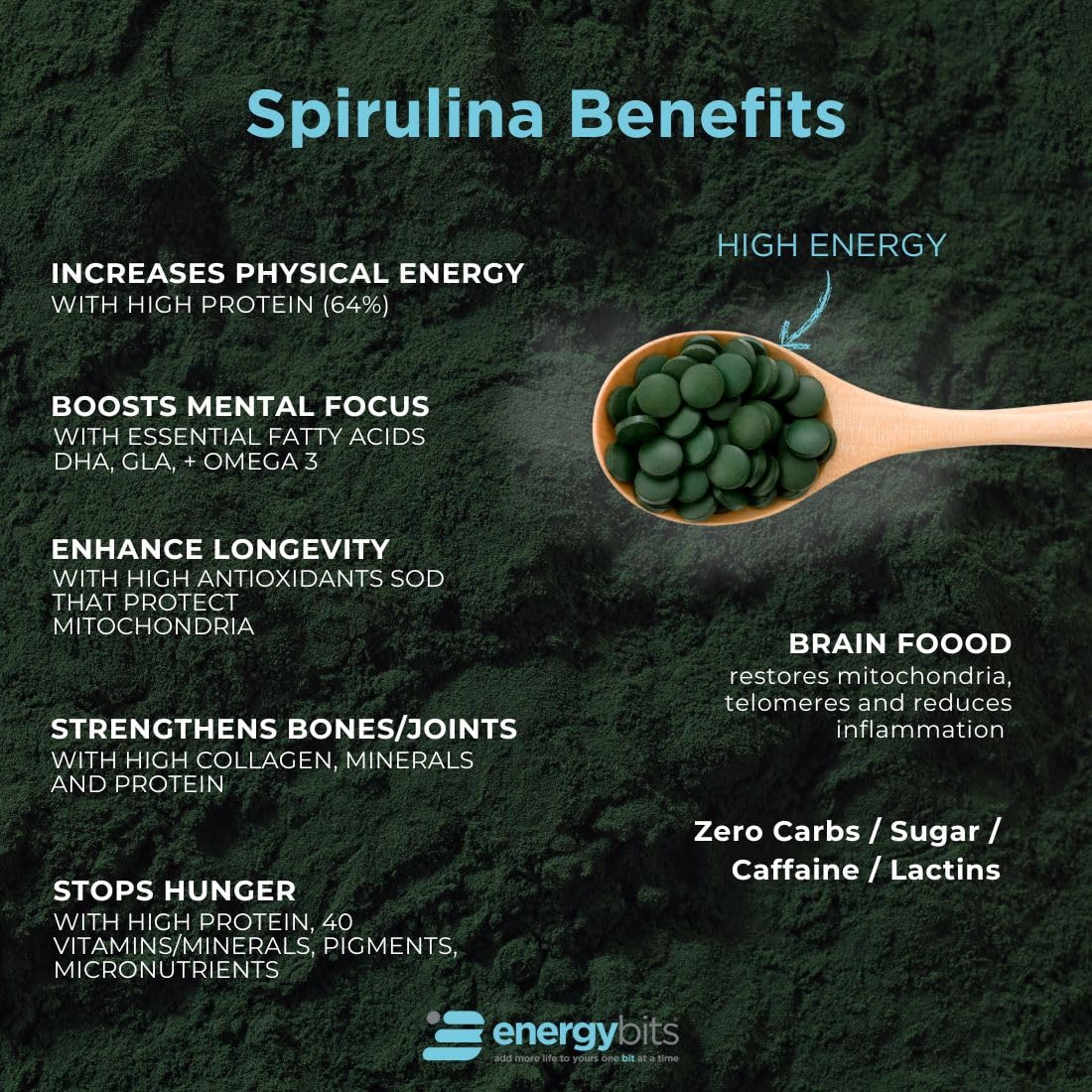 ENERGYBITS Organic Spirulina Tablets | Plant-Based Algae Superfood for Focus, Energy & Fitness | Vegan Protein with Collagen, Vitamin B12 & Omega-3 | Gluten-Free, Keto-Friendly | 1000 Tablets for Athletes, Busy Professionals & Health Enthusiasts