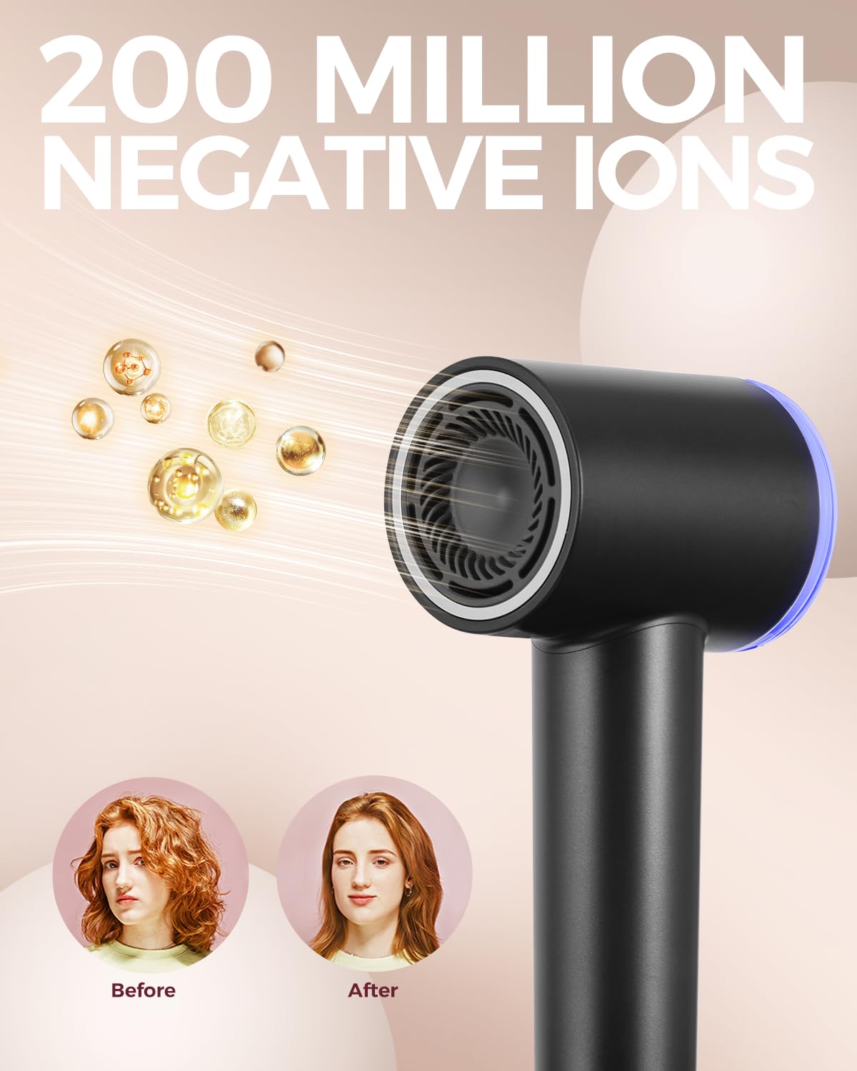 Professional Ionic Hair Dryer with Diffuser for Curly Hair - 200M Negative Ions, 110,000 RPM High Speed, 5 Heat & 3 Speed Settings, HD Display, Travel Case Included (Black Gold) - Perfect for Home Use, Salon Styling & Travel