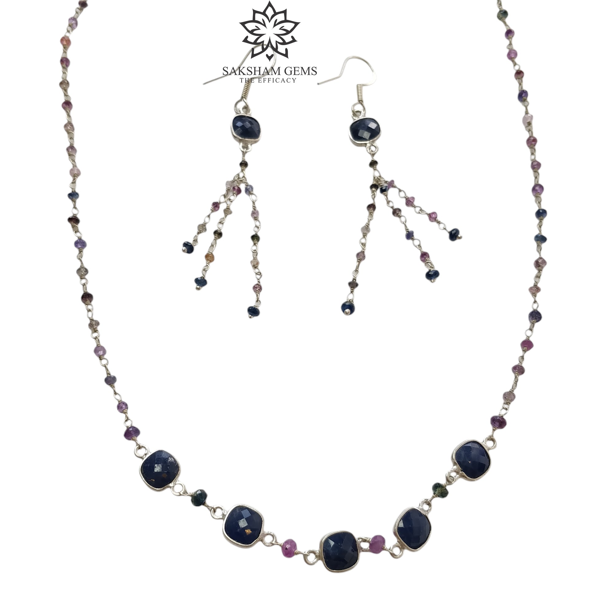 925 Sterling Silver Natural Blue & Multi Sapphire Beads Necklace & Earrings Set - 9.66g Untreated Gemstone Jewelry for Women, Gift for Her, Perfect for Weddings, Parties & Special Occasions