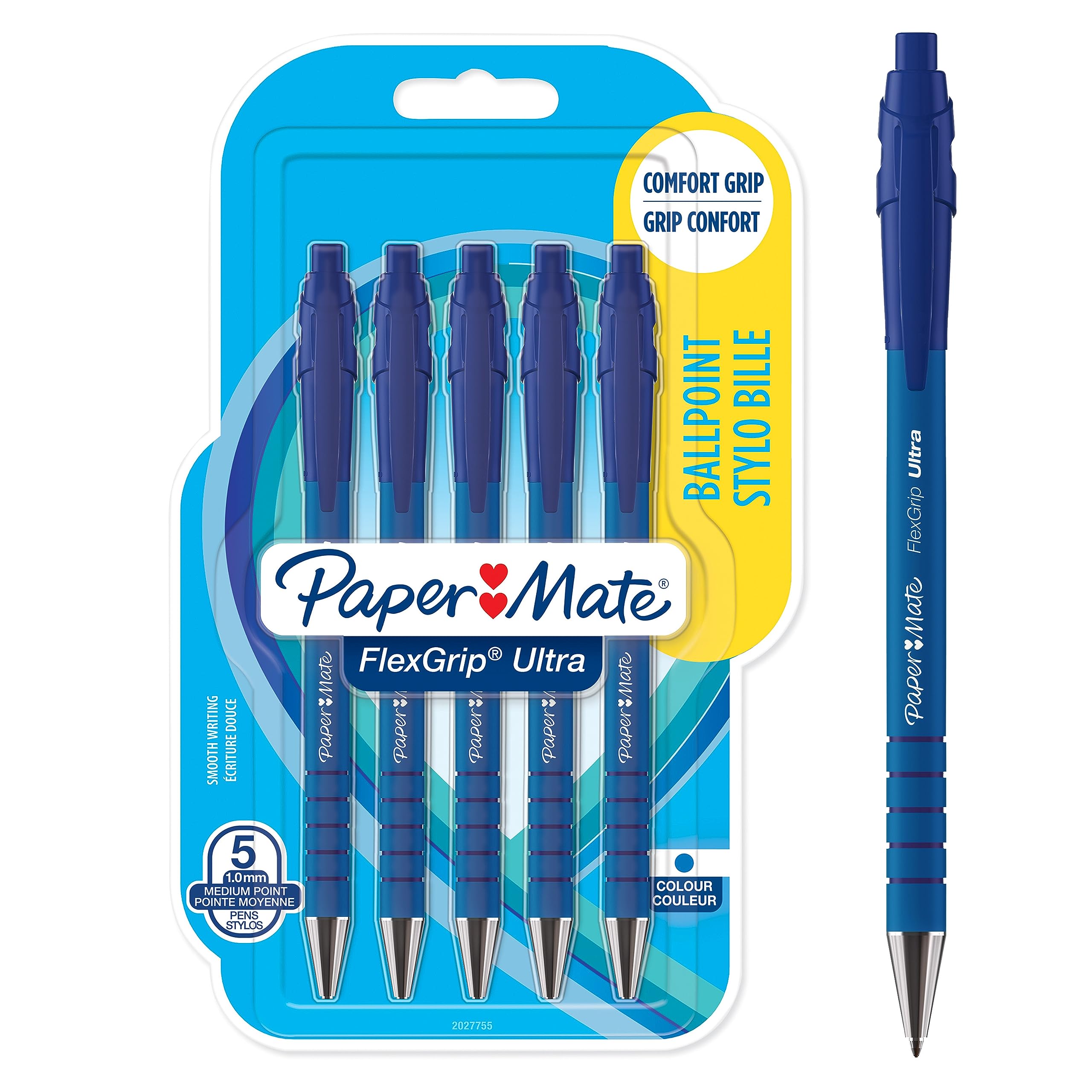 Paper Mate Flexgrip Ultra Retractable Ballpoint Pens - Medium Point 1.0mm Blue Ink - Pack of 5 - Smooth Writing for Office, School & Note Taking