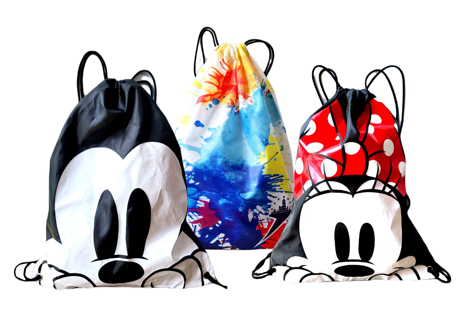 7STAR Mickey and Minnie Mouse Drawstring Backpack 3-Pack - Disney Character Backpacks for Kids, School, Travel & Theme Parks