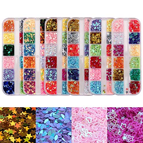 6 Shapes Nail Art Sequins Kit - 3D Flower, Heart, Star, Hollow Designs with Glitter for DIY Nail Decorations | Perfect for Parties, Salons & Home Manicures (Open Heart Style)