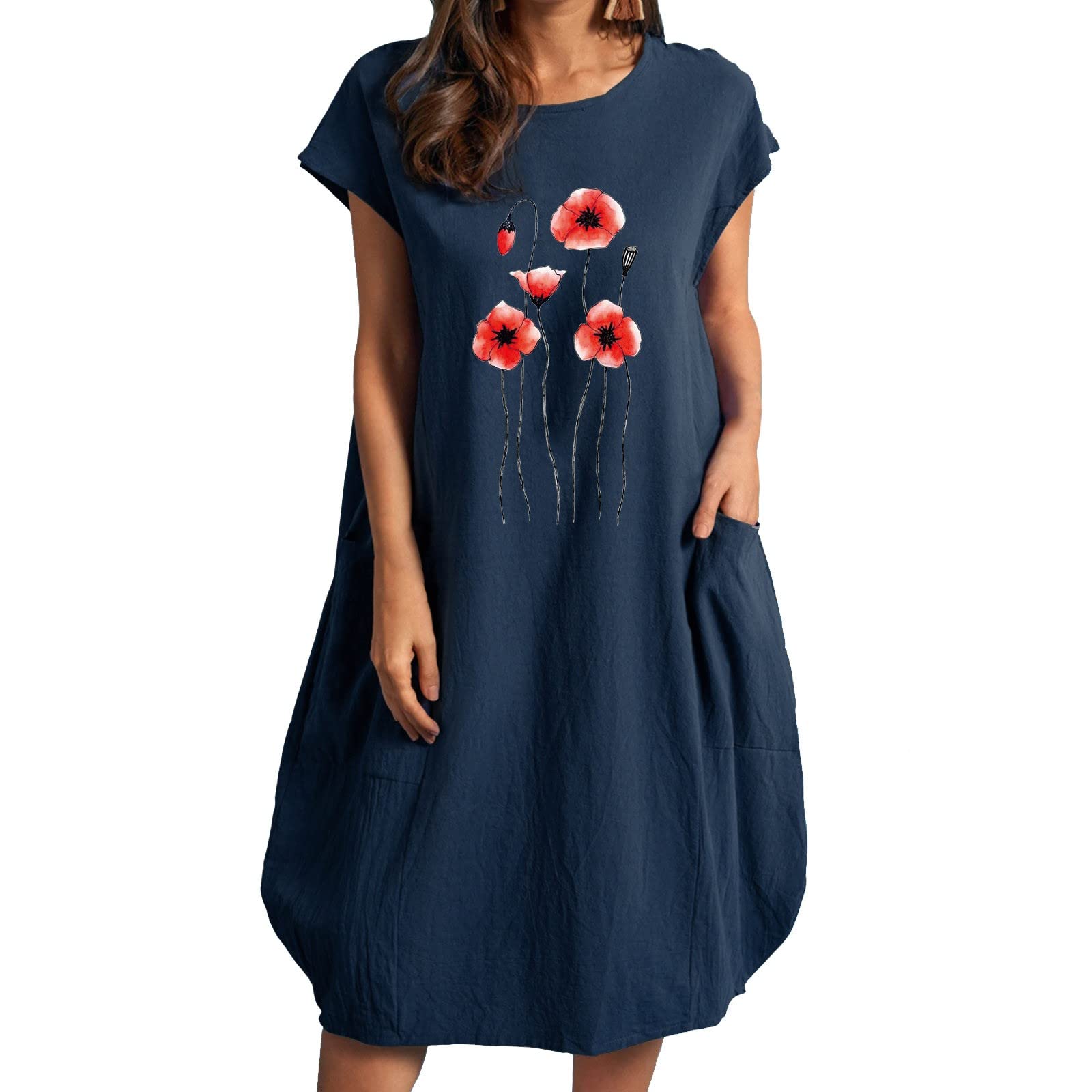 Women's Floral Wrap Dress - Red Summer Short Sleeve Round Neck Loose Fit Dress with Pockets | Casual Beach Wear, Vacation Outfit & Everyday Summer Dress