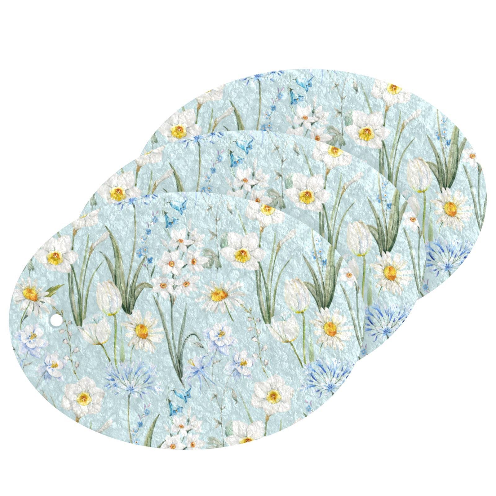 Kcldeci 3 Pack White Daisy Floral Scrub Sponge Pads - Durable Kitchen Dishwashing Sponges for Effective Cleaning | Perfect for Sinks, Countertops & Household Cleaning Tasks
